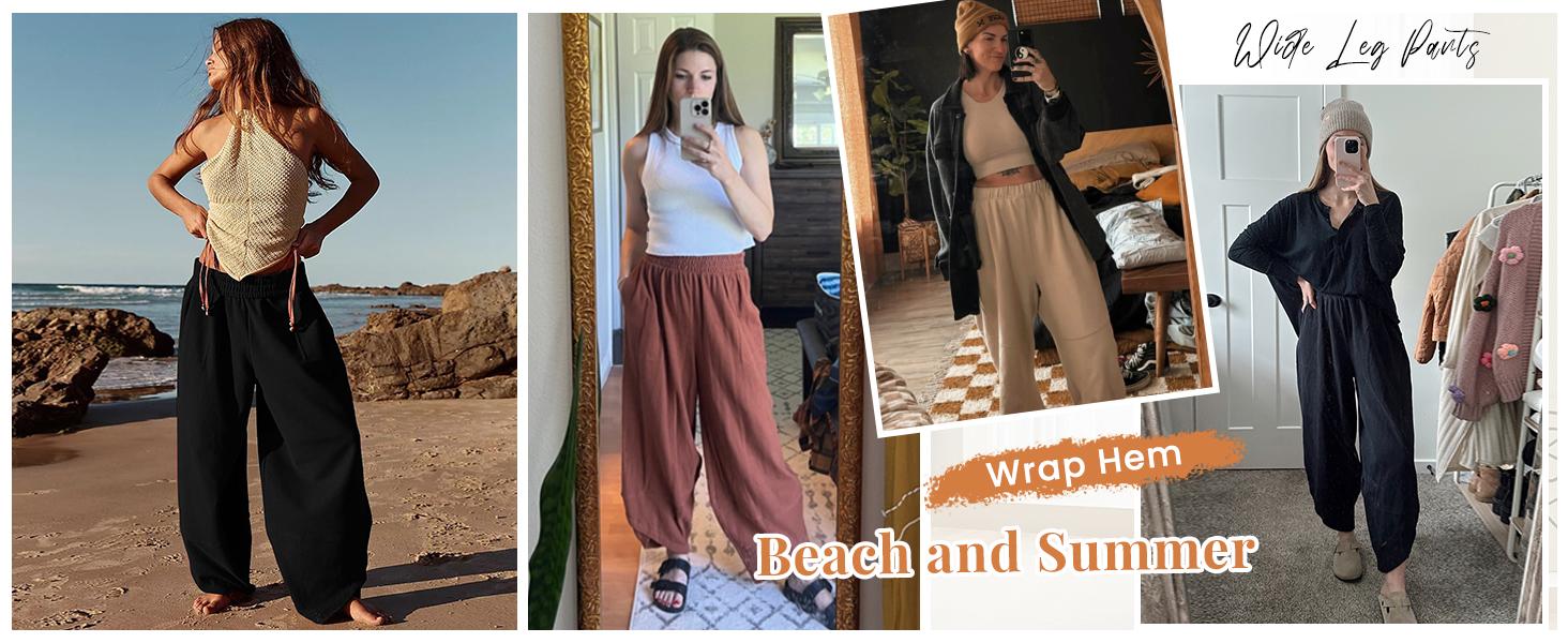 Yeokou Women’s Harem Barrel Wide Leg Pants Elastic Waist Baggy Loose Fit Casual Jogger Sweatpants with Pockets Beach Street Coffee Teacher Outfits