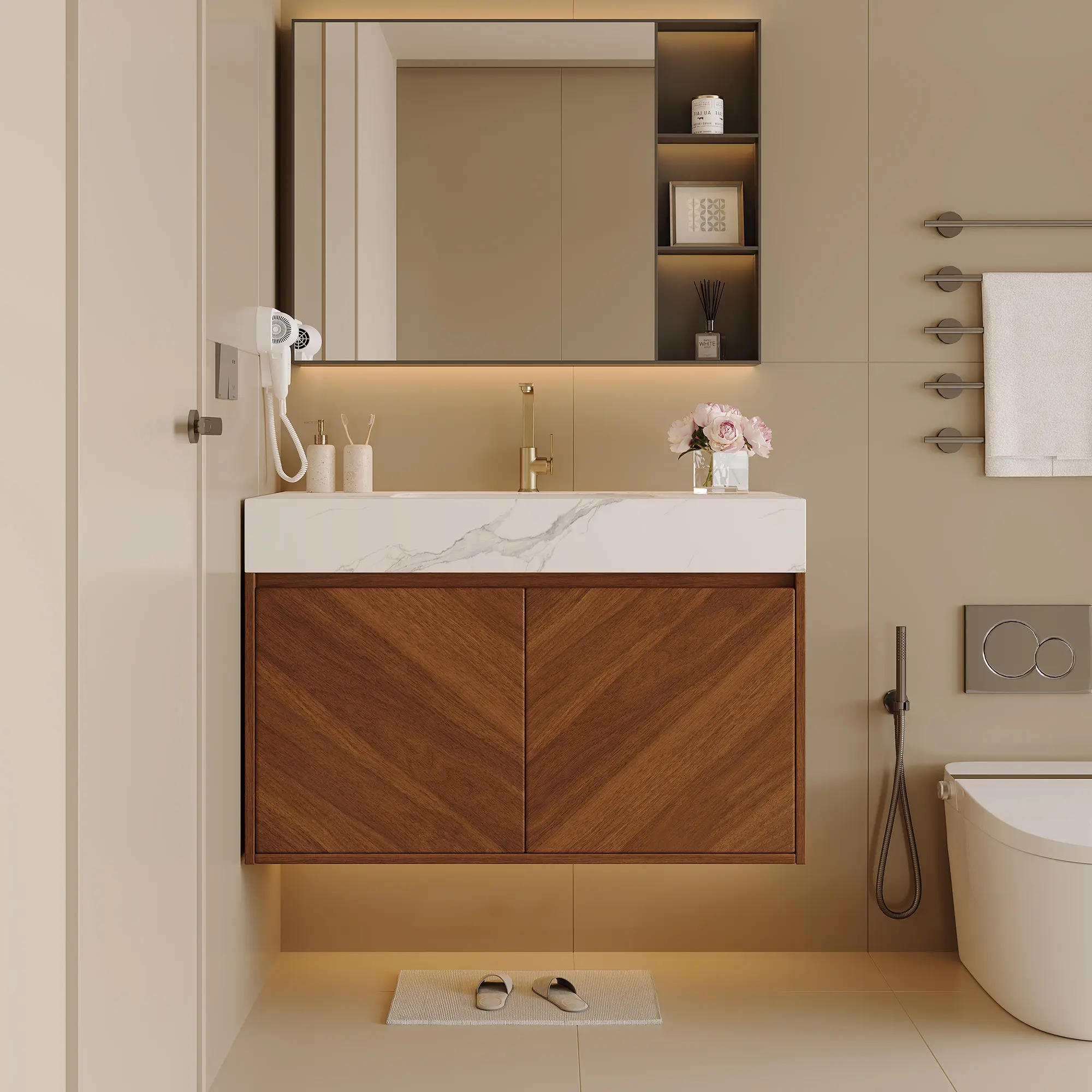 Nokaa 30" Wall-Mounted Bathroom Vanity Cabinet with Ceramic Sink, Brown Oak Finish, Soft-Close Doors, Sintered Stone Countertop, Floating Storage for Small Bathroom, Powder Room, Apartment, 29.9"L x 18.1"W x 19.7"H, Walnut/White Color Options