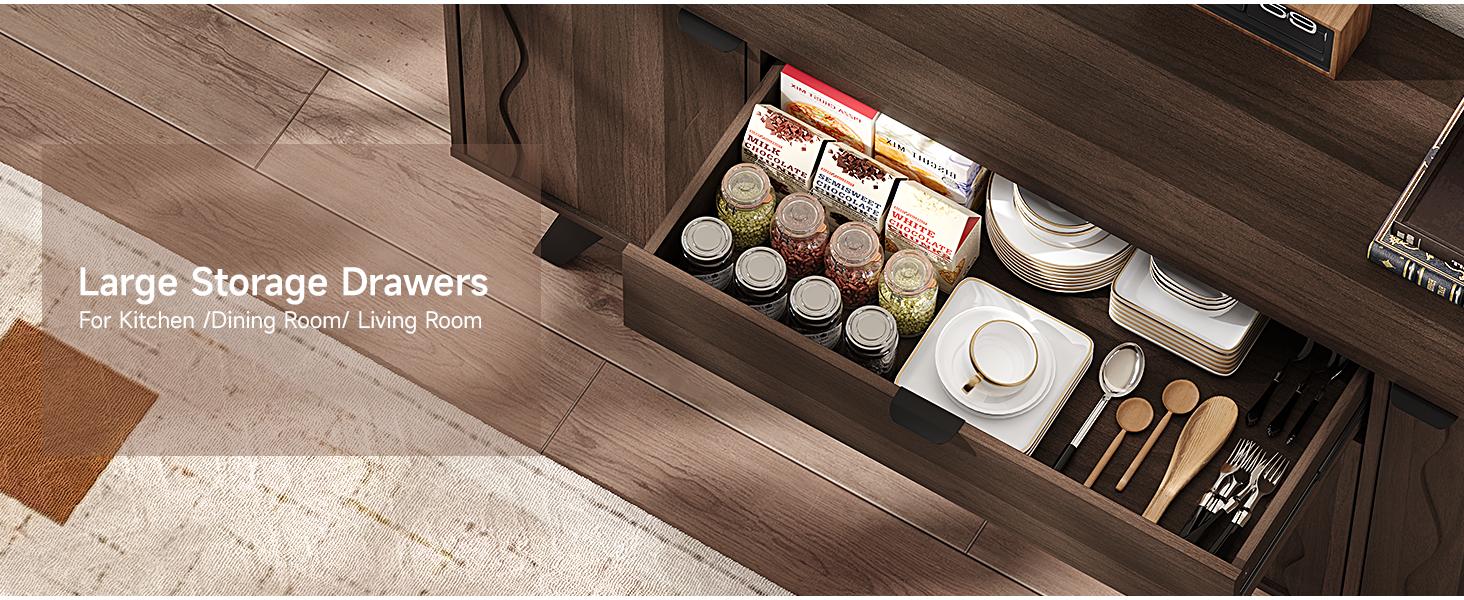 【SPOTLIGHT DAY】ONBRILL 63" Sideboard Buffet Cabinet, Kitchen Buffet Storage Cabinet, Mid Century Modern Storage Cabinet with 4 Doors & Shelves, Wood Coffee Bar Console Wine Bar for Living Room, Kitchen,Hallway