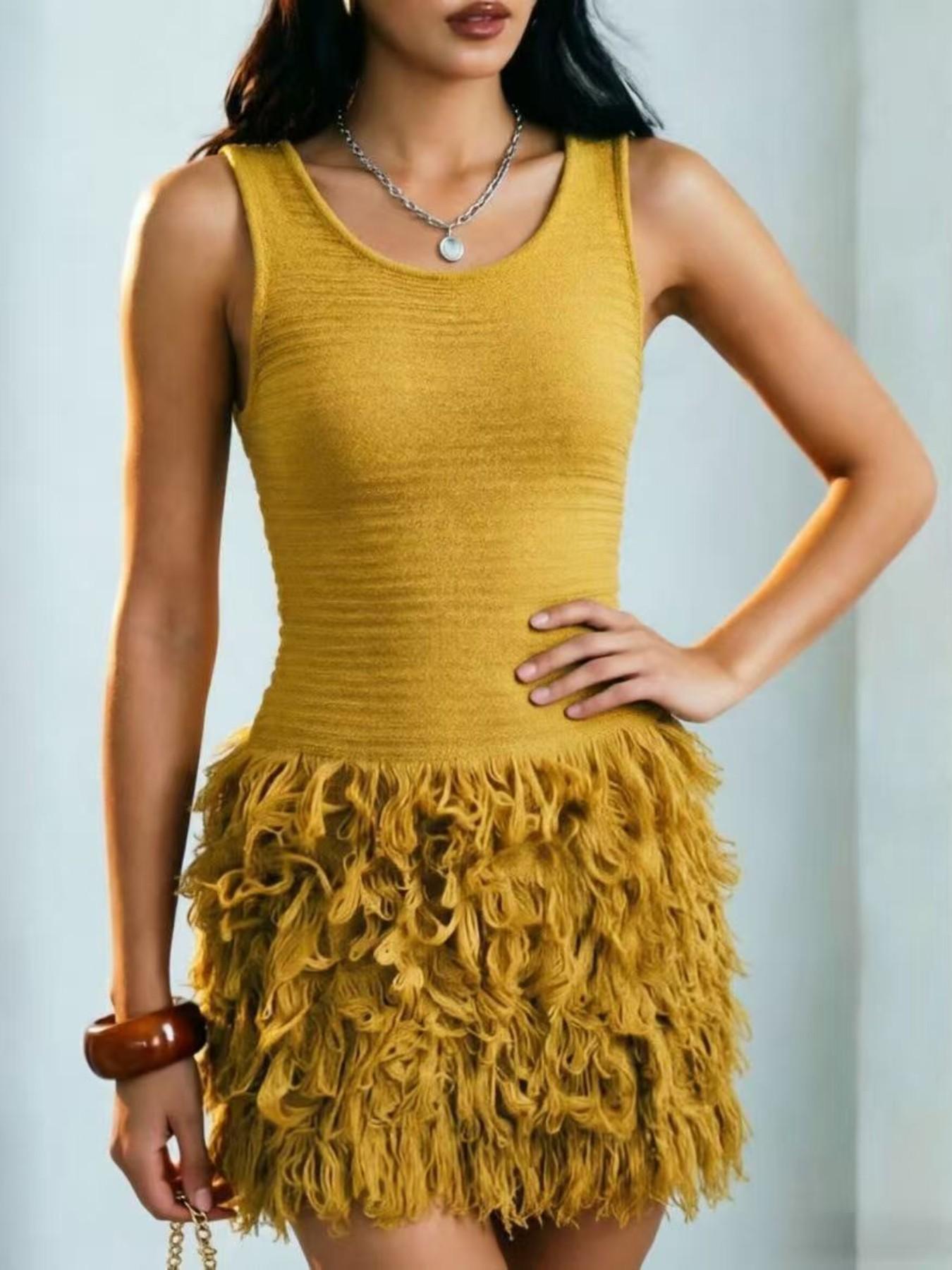 Elegant Knitted Bodycon Dress, Summer Vacation Fringe Skirt, Slim Fit Sleeveless Knit Vest Dress, Solid Round Neck Sweater Dress, Spring & Summer Women's Clothing Elegant Knitted Bodycon Dress, Summer Vacation Fringe Skirt, Slim Fit Sleeveless Knit Vest Dress, Solid Round Neck Sweater Dress, Spring & Summer Women's Clothing