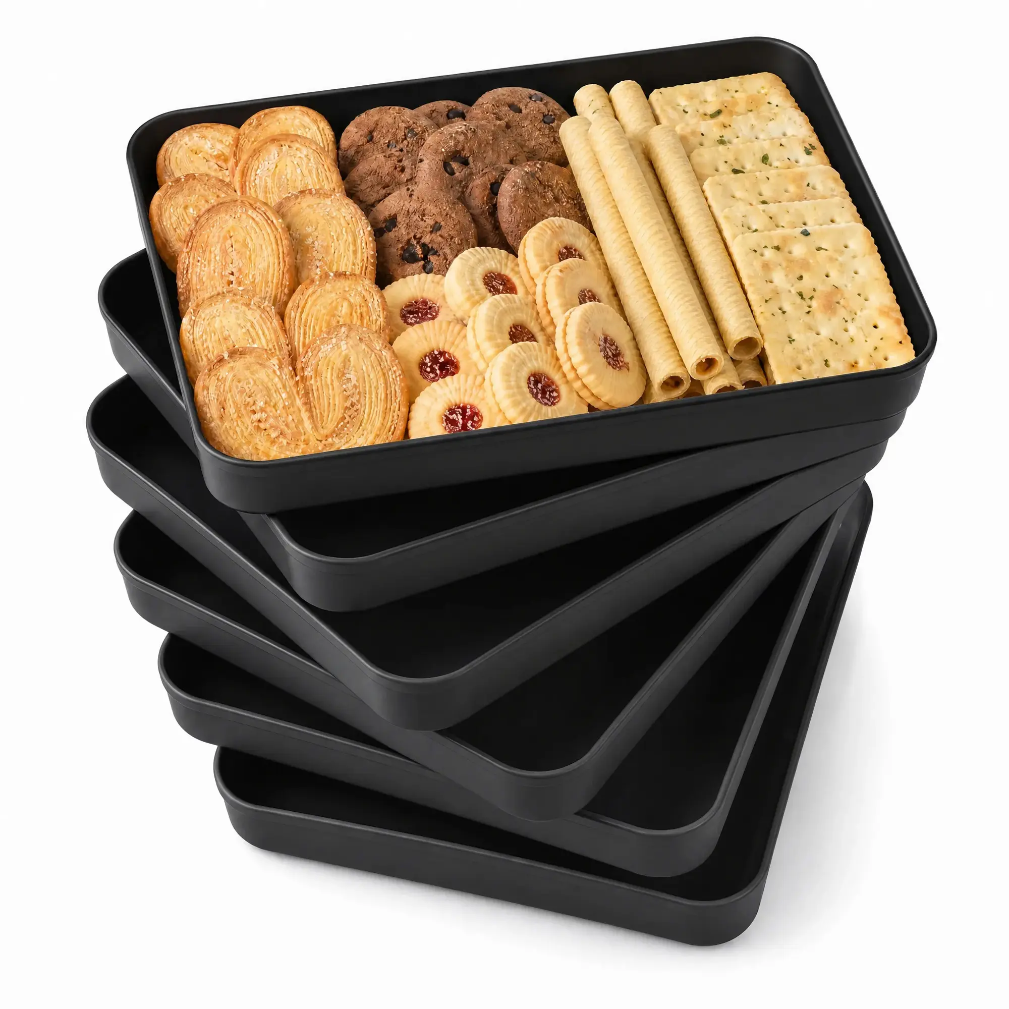 6-Pack Black Plastic Serving Trays (15"L x 10.5"W x 1.5"H) – Large Rectangular Shatterproof PP Food Trays for Party, Buffet & Catering, Reusable Stackable Platters