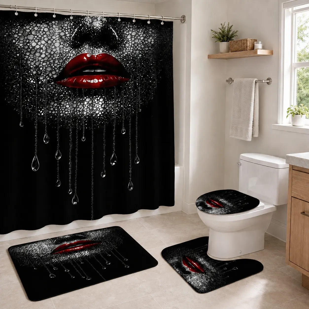 4pcs Glam Night Lips Shower Curtain Set, Sparkling Black Glitter Dripping Beads Bathroom Decor, TikTok Viral Lipstick Kisses Theme, Halloween Party Vibe, Chic Glam Styling