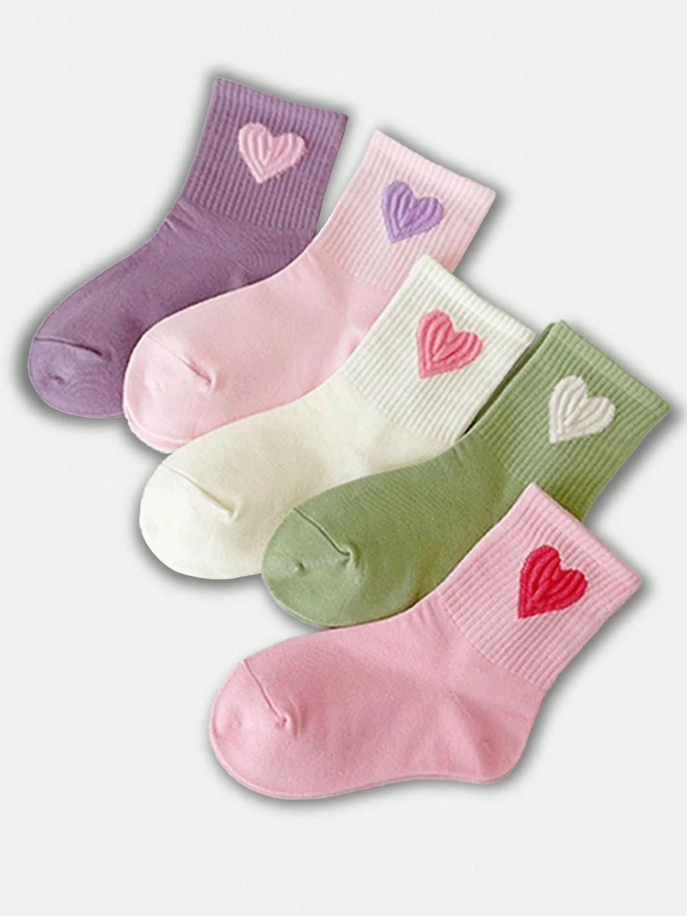 10 Pairs Girls' Crew Socks, Heart/bow Pattern, Casual Fitted Design, Breathable & Comfortable, Spring/fall/winter Wear, Comfy Breathable Socks