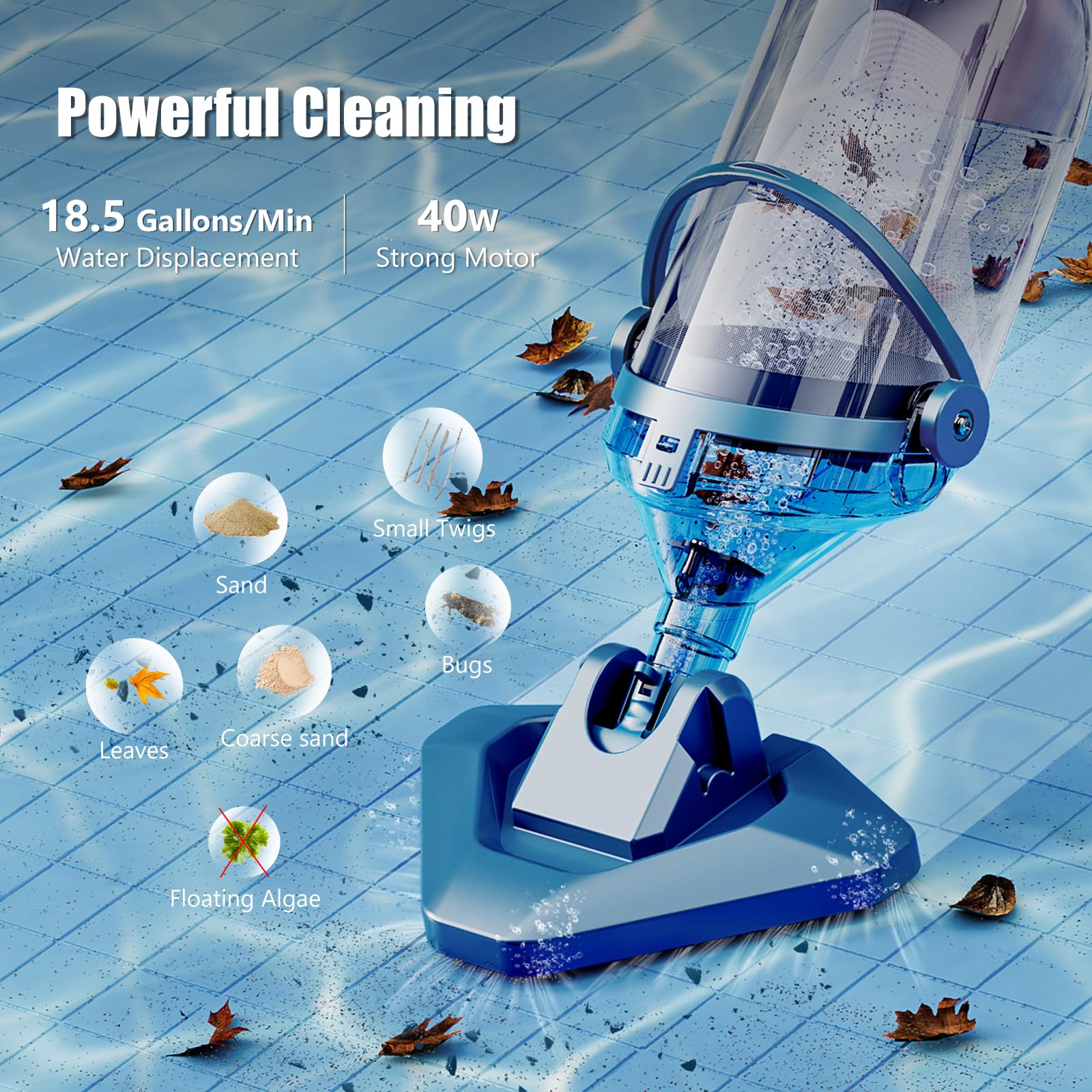 【Spring Cleaning】Enhulk New Upgrade PC18 Pool Vacuum for Above Ground Pool with Telescopic Pole, Running time up to 1H, Handheld Design with Powerful Suction up to 18.5 gallon/min Ideal for Leaves, Debris 【Spring Cleaning】Enhulk New Upgrade PC18 Pool Vacuum for Above Ground Pool with Telescopic Pole, Running time up to 1H, Handheld Design with Powerful Suction up to 18.5 gallon/min Ideal for Leaves, Debris