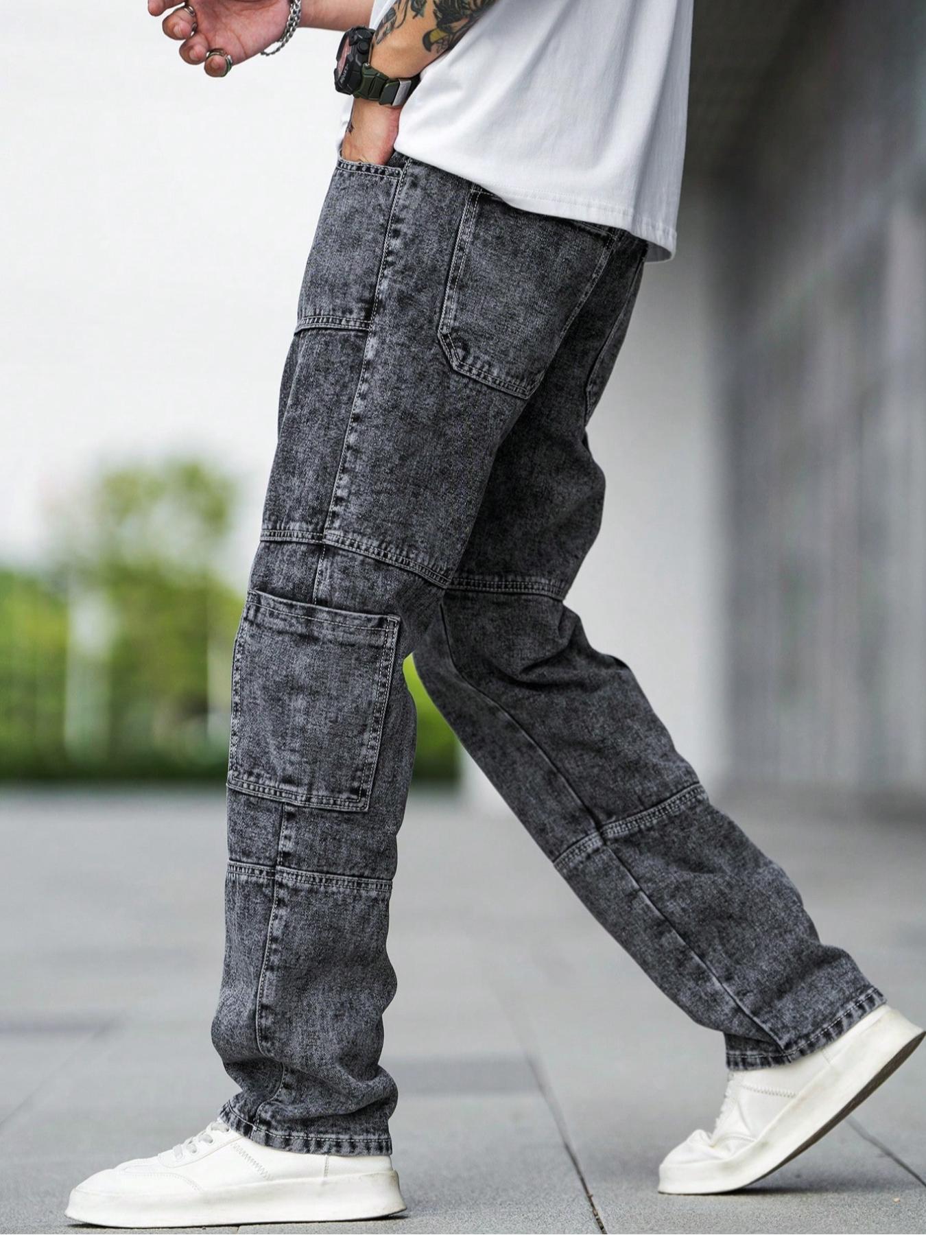 Men's Casual Loose Fit Multi-Pocket Workwear Straight Leg Denim Jeans, Deep Patchwork Street Style Long Pants, All Season Wear