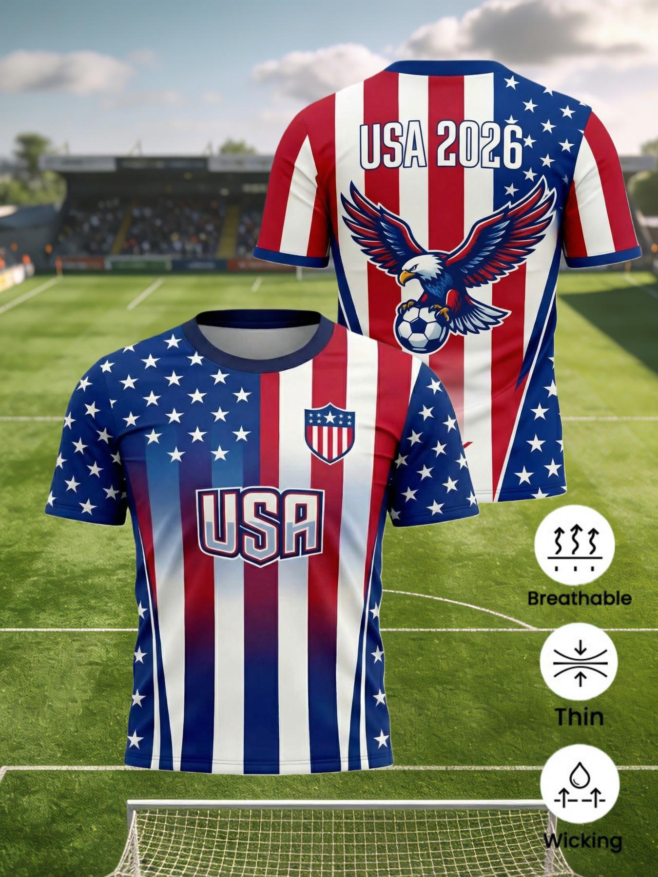 Men's 2026 Usa Soccer Jersey, Quick-Dry Breathable Football T-Shirt, Fan Support Wear for Daily Use and Outdoor Sports, Lightweight Jersey