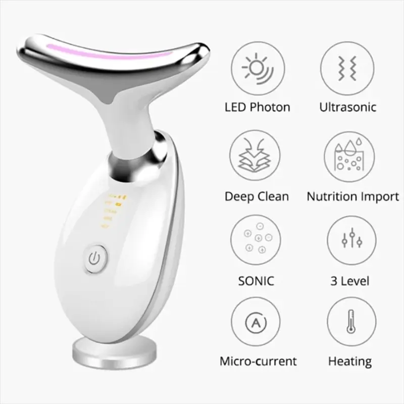 Microcurrent Neck & Facial Beauty Device - Rechargeable 3-Color LED Tightening & Wrinkle Removal Massager