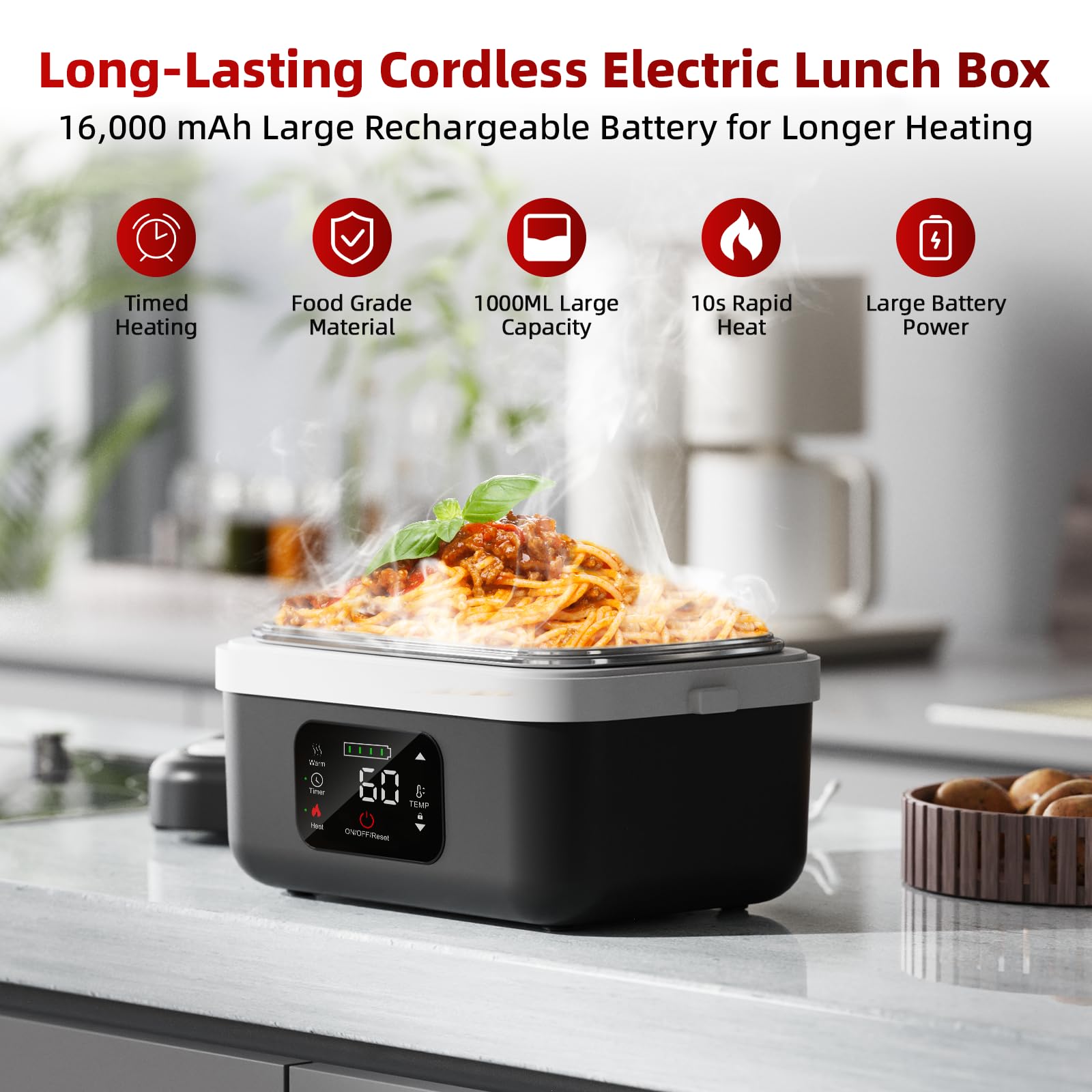 Cordless Electric Lunch Box with Timer, Portable 1L Rechargeable Self-Heating Food Warmer for Adults, Ideal for Work and Travel #GLOBAL PICKS
