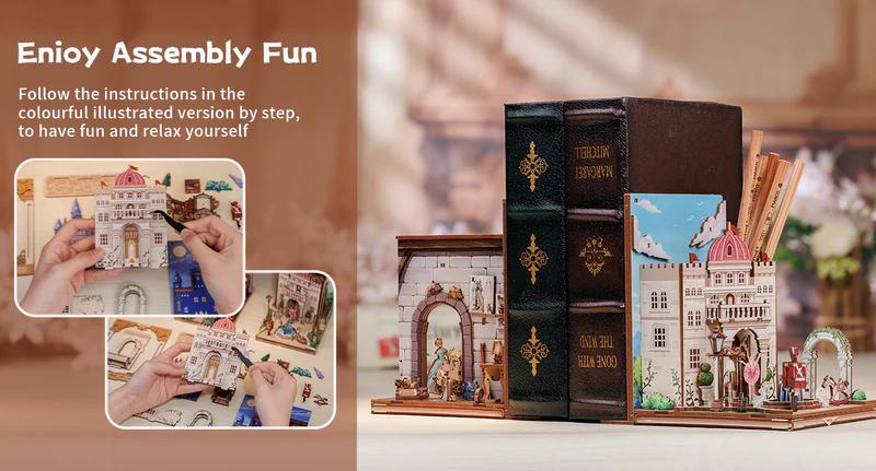 CUTEBEE DIY 3D Book Nook Kit Fairy Town – Miniature Wooden Fairy Tale House Dollhouse, Handmade Bookends and Tiny House Shelf Decor | Holiday, Christmas and Black Friday Gift