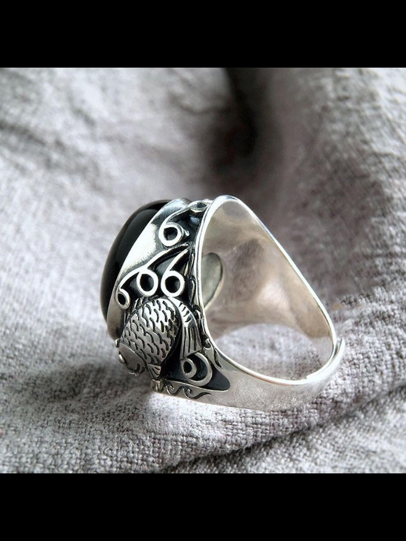 Vintage Obsidian Ring for Men, Koi Fish Ethnic Pattern, Adjustable Copper Chain, Casual Style, All Seasons Jewelry