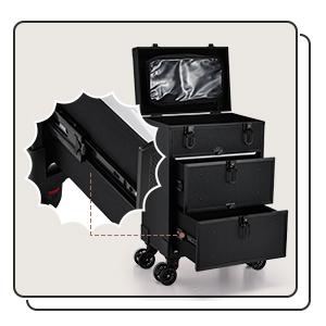 Joligrace Rolling Makeup Train Case Professional Cosmetic Trolley Nail Polish Organizer with 2 Large Drawers, Makeup Pouch for Artists Nail Technician Salon Cart Trunk Black