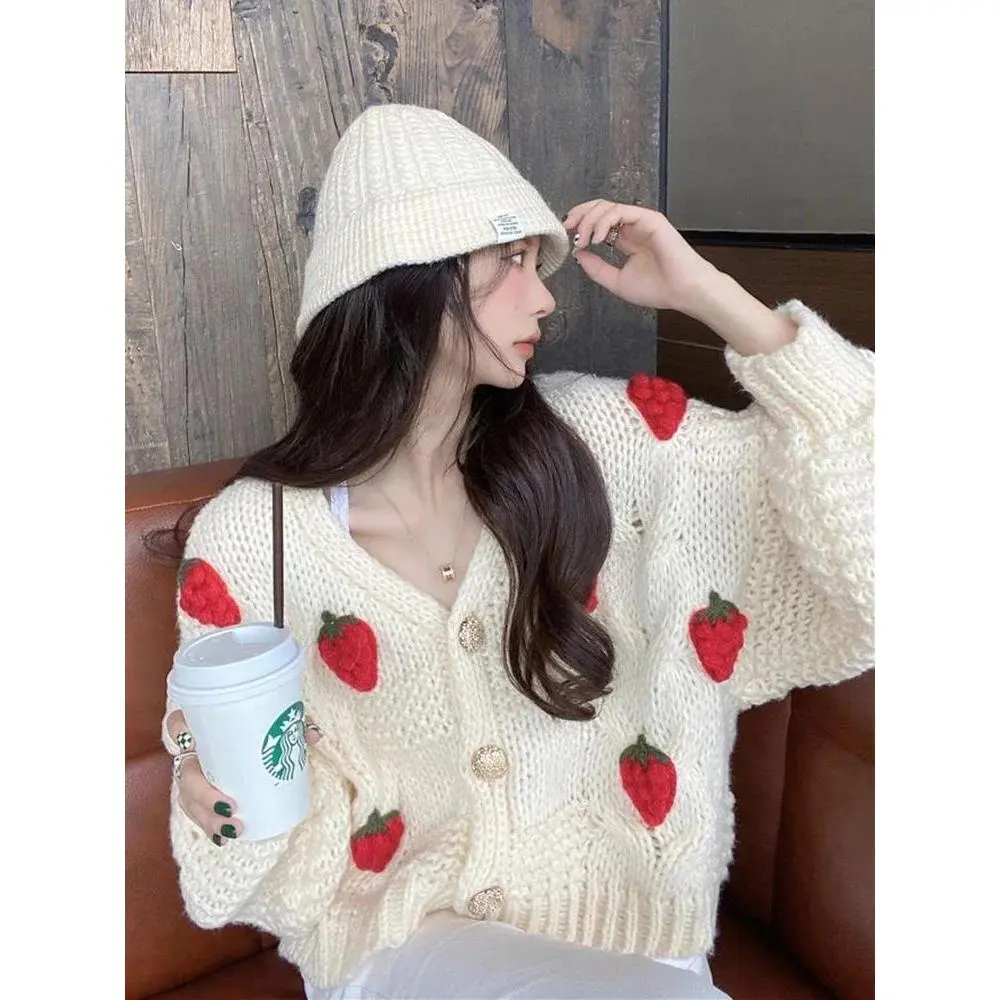 Strawberry Cardigan Sweater Chunky Knit Button Front Cute Strawberry Soft Sweet Sweaters Jacket Teen-girl Women Fairycore Outfit