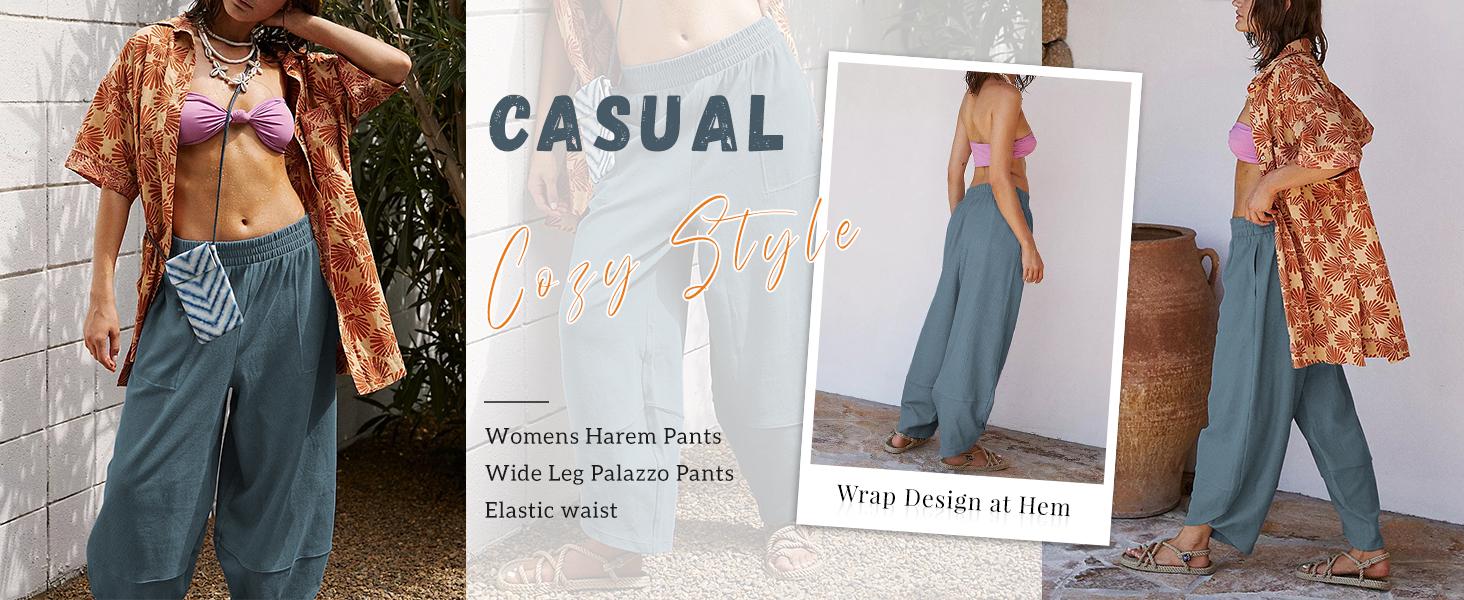 Tanming Women's Baggy Wide-Leg Pants - Casual, Elastic-Waisted, Bohemian Minimalist Basic Women's Clothes Bottom with Pockets,summerwins,summeroutfits,vacationoutfits,beachoutfits