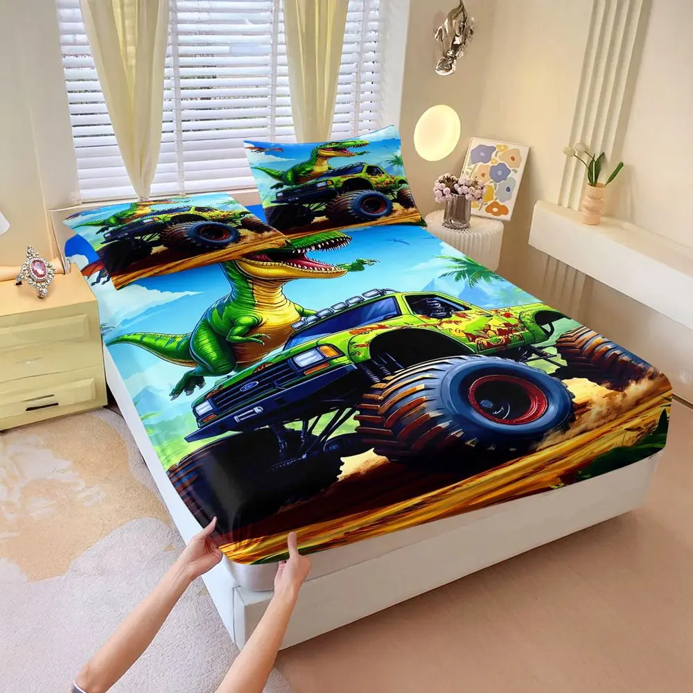 3Pcs Dinosaur Monster Truck Print Elastic Fitted Sheet Set (Includes 1 Fitted Sheet And 2 Pillowcases; No Pillow Core). Vibrant Digital Print Bed sheet set, Perfect for Kids Bedroom Decor.