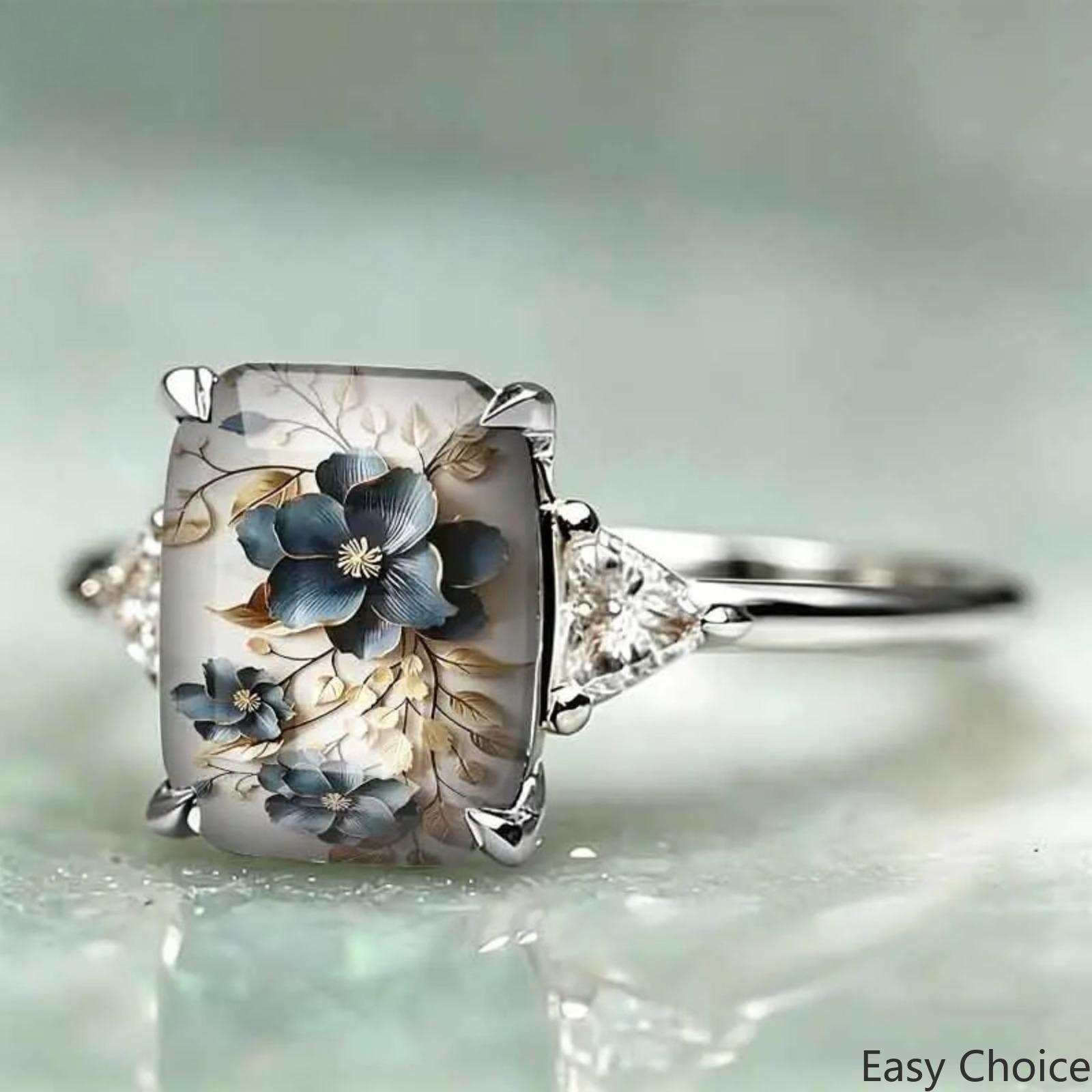 Blue Floral Art Ring for Women, Vintage Style Finger Jewelry with Oil Painting Effect for Daily Wear, Parties, and Gifting Artistic Flair Elegant Design