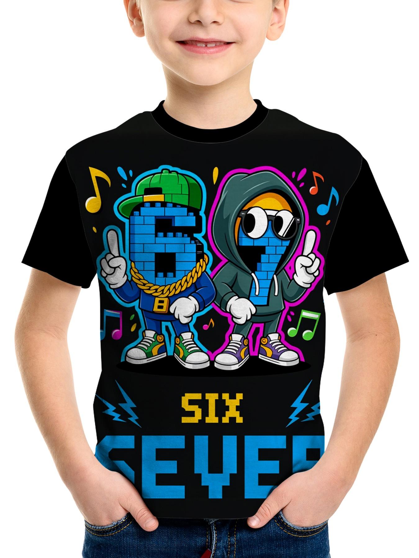 Boy 6th Birthday Hip-Hop Theme T-Shirt, Fun Cartoon Street Dance Pattern, Loose Short Sleeve Round Neck Top