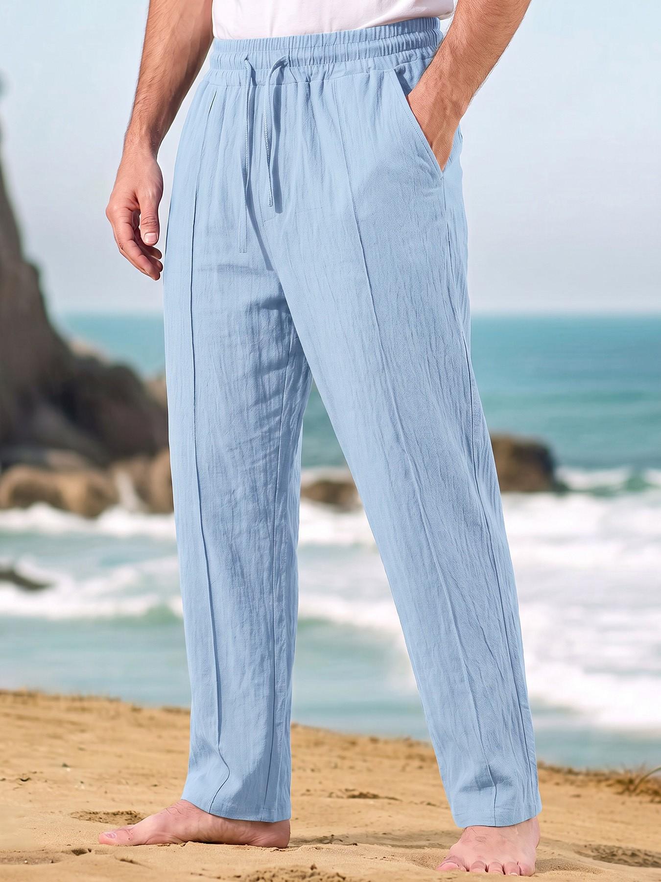 Men's Summer Casual Straight Leg Linen Pants, Regular Fit, Waist Drawstring Design, Perfect for Beach Vacation, Versatile, Breathable and Comfortable