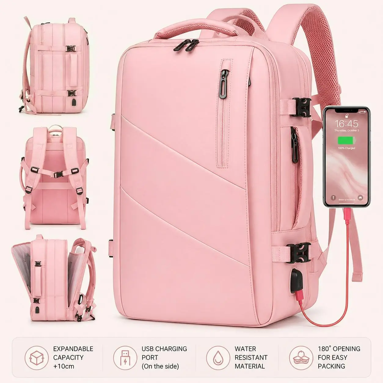 Large Capacity Travel Backpack for Women, Expandable Laptop Backpack with Independent Laptop Compartment, USB Port & Horizontal Carry, Cute School Bag for College Girls, Back to School & Travel