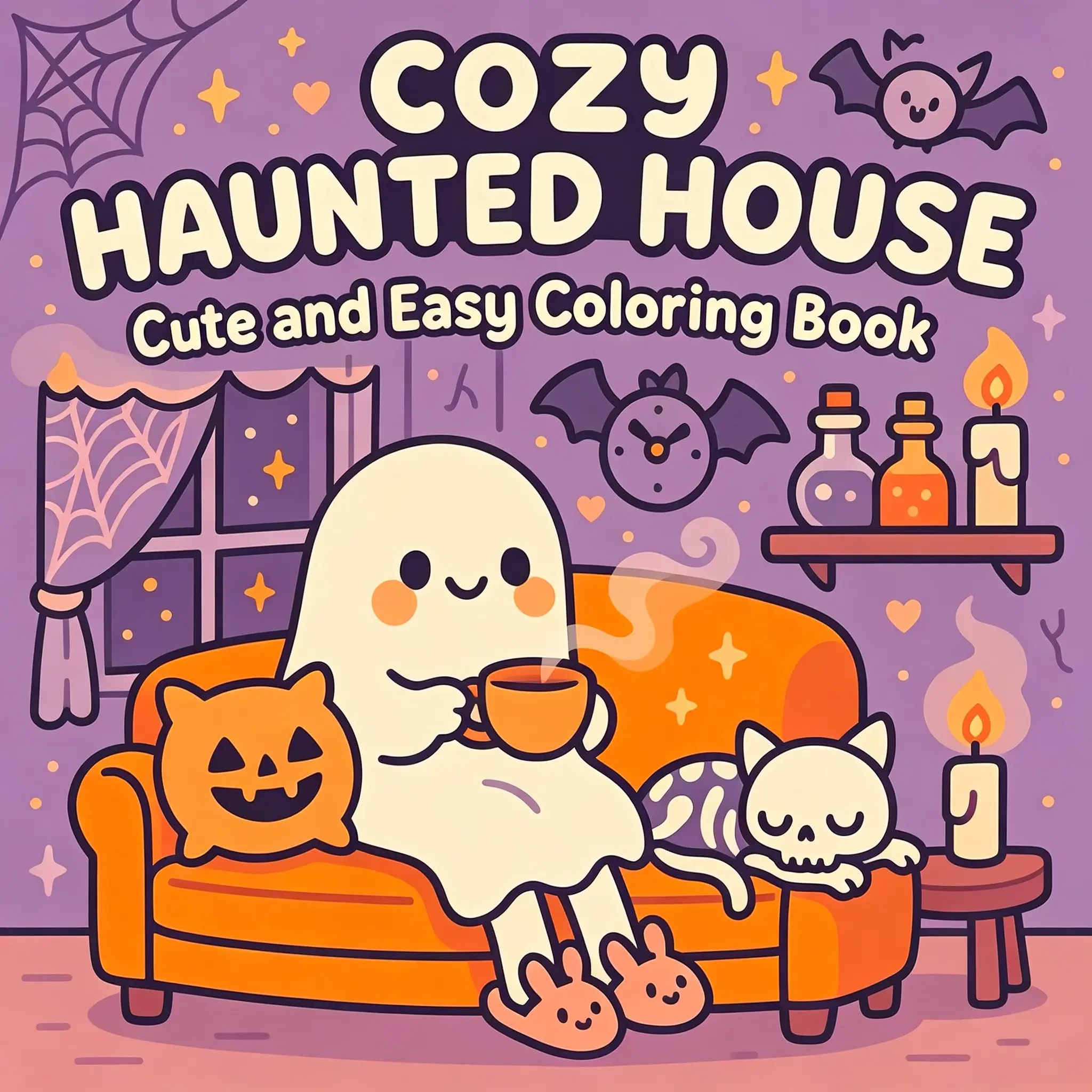 Cozy Haunted House Cute Easy Halloween Coloring Book for Adults Kids, Kawaii Ghost Pumpkin Spooky Relaxing Coloring Pages, Pastel Goth Halloween Activity Book, Stress Relief Coloring Sheets for Halloween Party Gift