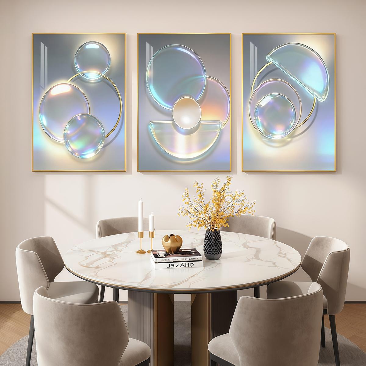 3 Counts Aluminum Alloy Framed Painting, Abstract Iridescent Glass Circles Design, Home Decoration For Living Room, Bedroom, Office, Restaurant, Hallway Wall Decor, Odorless Print Artwork, Luxury Perfect Gift For Friends And Family