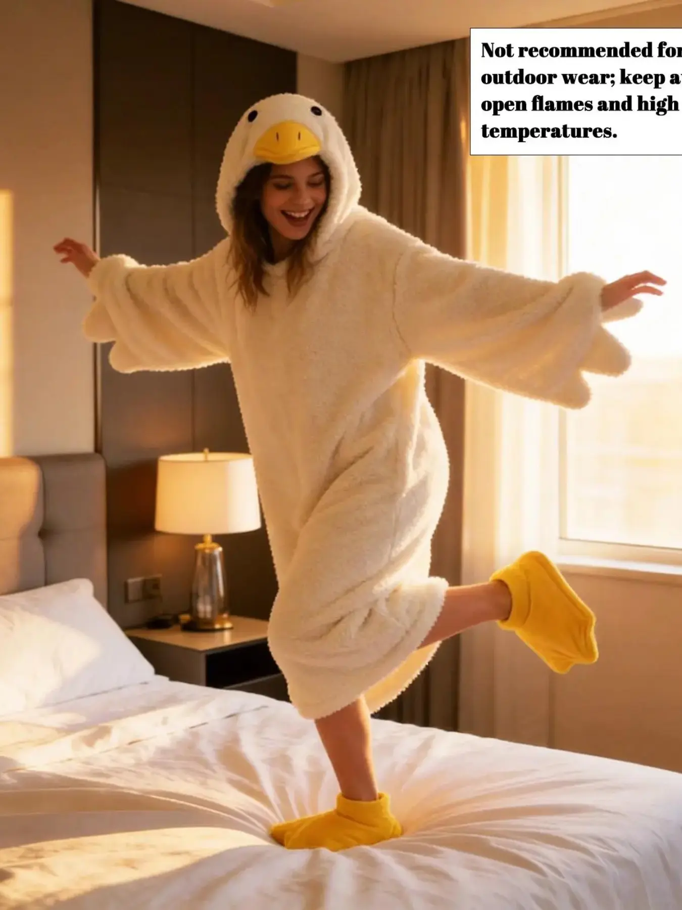 Funny Duck Theme Onesie Set, Fleece Lined Thickened, Includes Robe and Duck Foot Covers, Soft Cute Lazy Loose Pajamas, Party