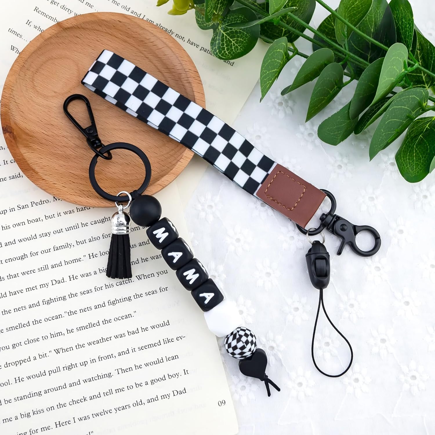Black Checkered Mama Keychain, Wristlet Lanyard with Silicone Beads for Car Keys, Purse Charms, Backpack Accessories, Daily Carry, Mom Gifts and Fashion Key Holder
