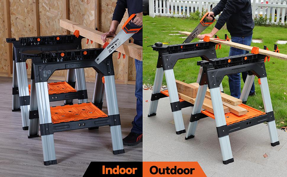#SpringGlowUp PONY 2-Pack Clamping Sawhorses, 1200 LBS Load Capacity, 30-3/4" Folding Sawhorse with 12&rdquo; F Clamps, Bench Dogs, Angle Clamps, 2" Spring Clamps, Steel Legs, Heavy Duty for Woodworking