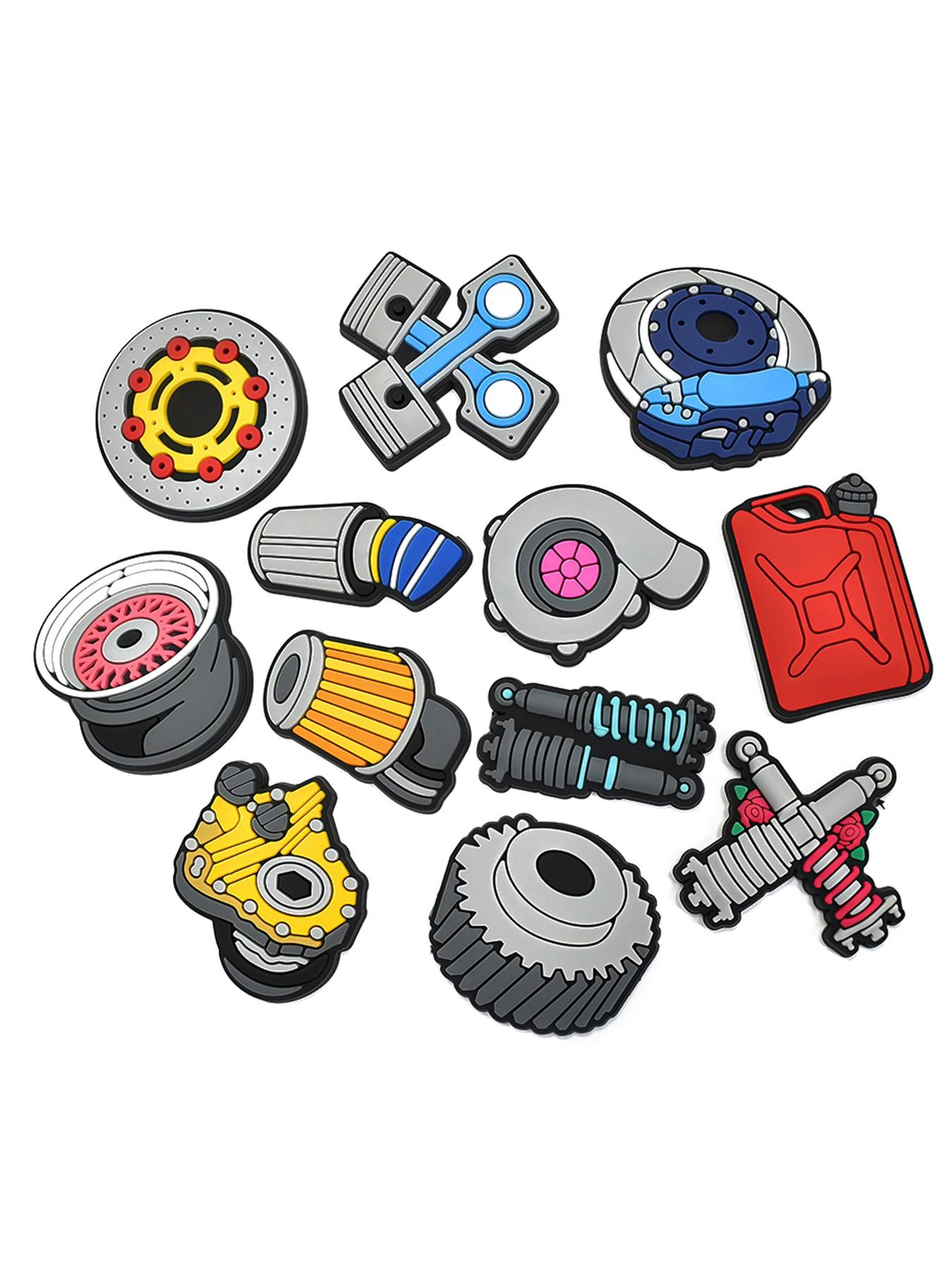 12pcs, soft plastic, auto parts tool design shoe charms, shock absorber shape shoe accessories, gasoline barrel design shoe accessories decoration, suitable for sandal garden shoes, diy accessories party gift