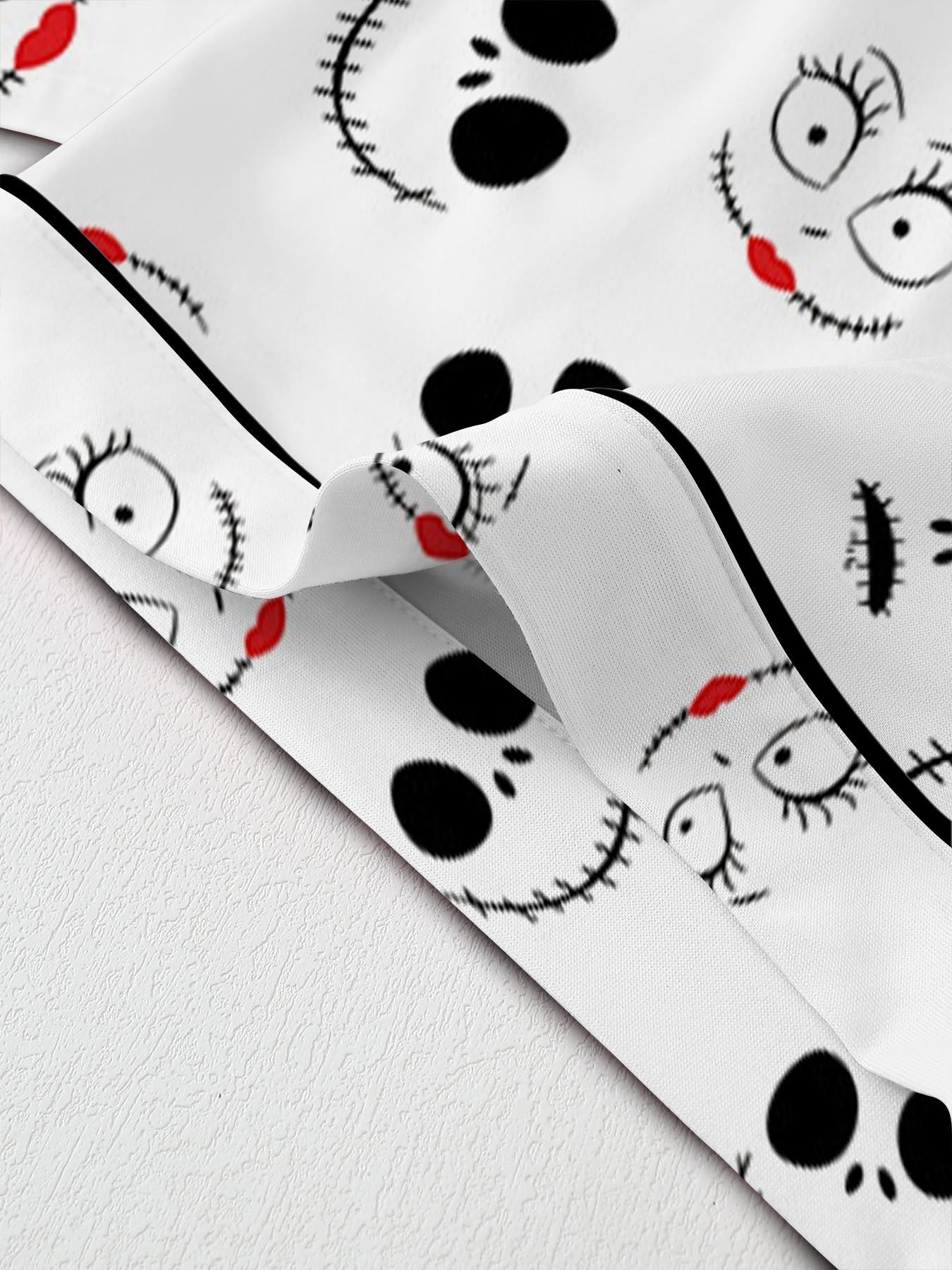 Creepy Cute Skeleton Halloween Pattern Short Sleeve Pajama Set, Spooky Stitched Face Graphic Sleepwear with Black Piping, Goth Style Summer Loungewear Set, Fun 2-Piece PJs