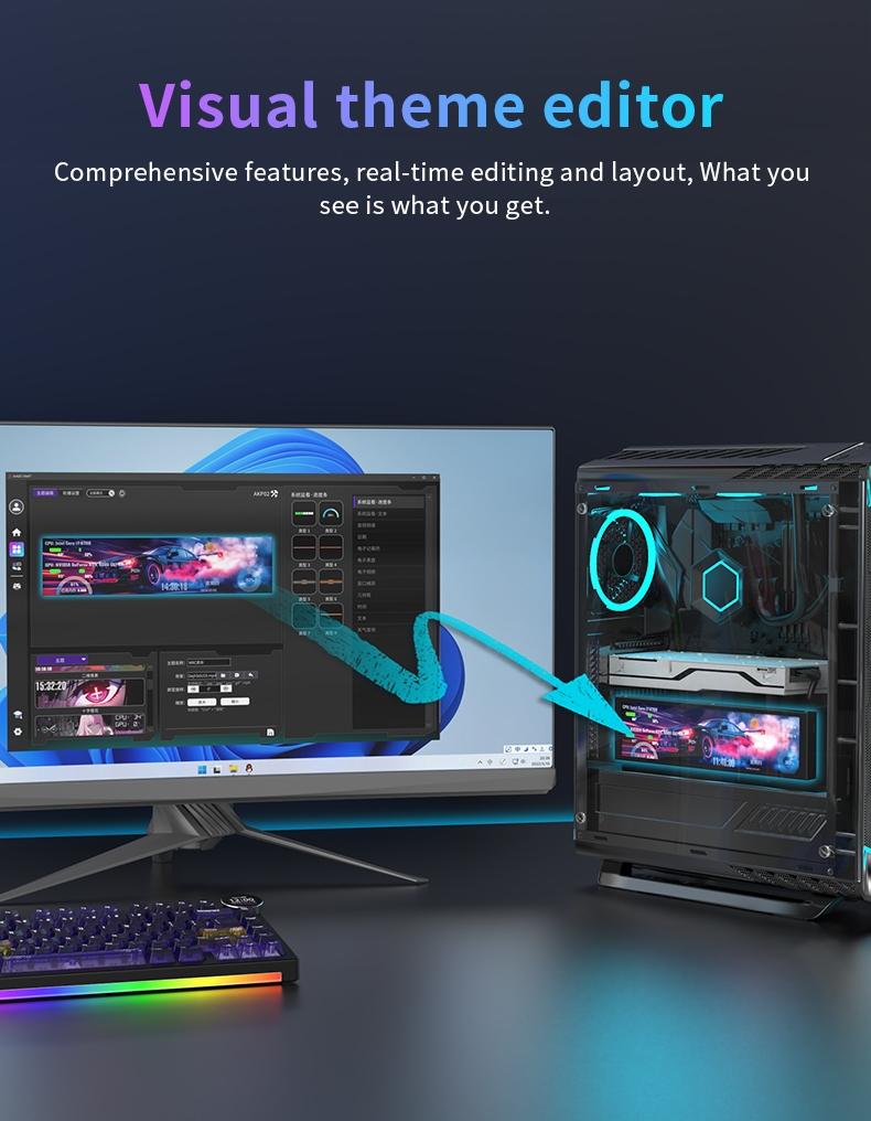 AKP02 DIY computer secondary screen 9.2-inch USB interface AJAZZ computer display screen does not occupy graphics card resources, visualizes themes, edits dynamic backgrounds, computer office assistant desktop artifact, suitable for multiple scenarios