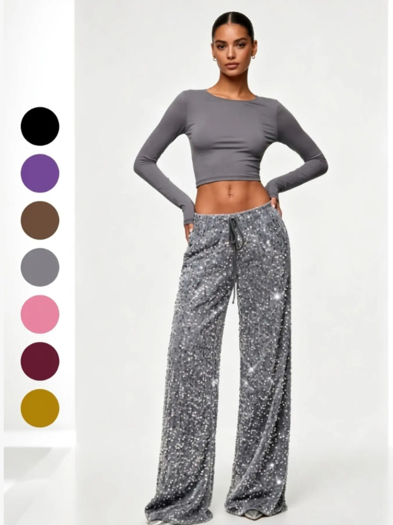 Sparkly Sequin Wide Leg Pants – High Waist Drawstring Party Trousers for Night Out & Going Out