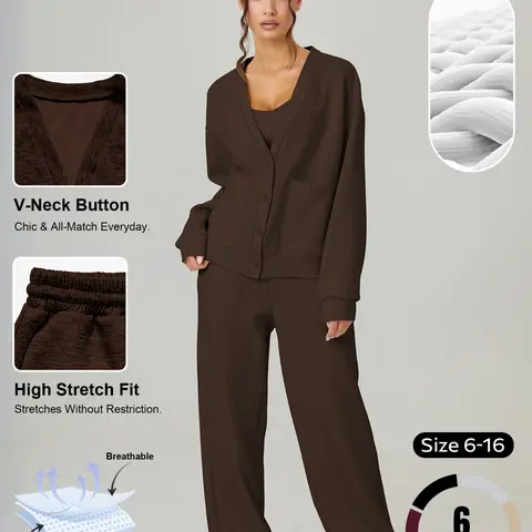 Women's Long Sleeve Button-Front Cardigan and Wide Leg Pants Knit Pajama Set, Basic Casual Loungewear for Spring and Fall, Homewear