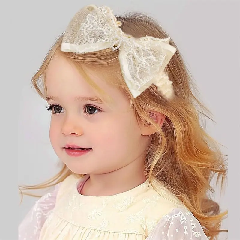 Cute Baby Girl Lace Headband Lace Bow Hair Accessories Elastic Bow Head Wrap for Newborn Infant Toddler Christening Baptism Party Hair Accessories for 0-36 Months (Ivory C, Free)