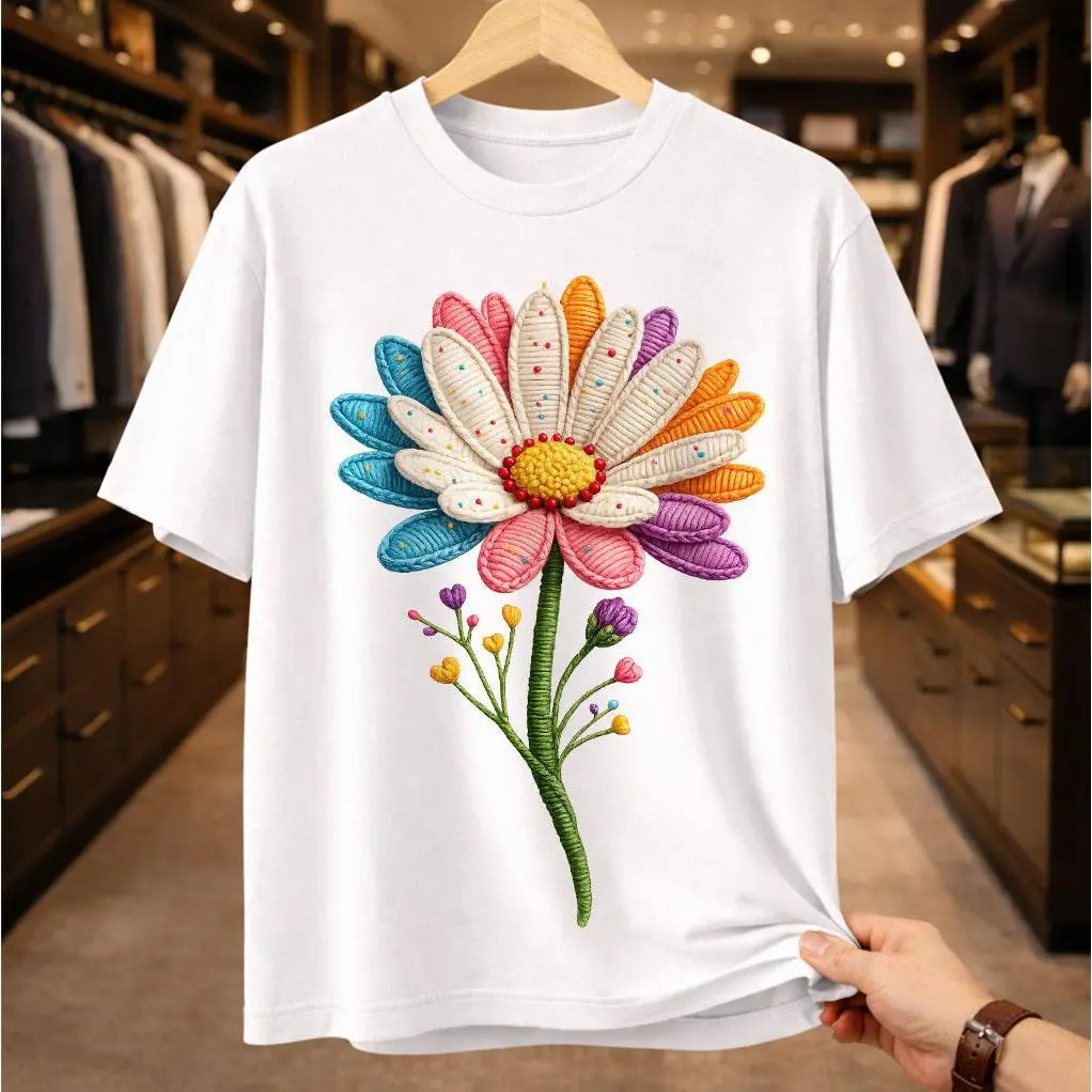 Men's Relaxed Fit Colorful Classic Flower Tee - Unisex Soft Cotton Knit Short-Sleeve Round Neck Streetwear Top with Textured Floral Print, Menswear Vibe, Faux Embroidery Graphic, Casual, T-Shirt