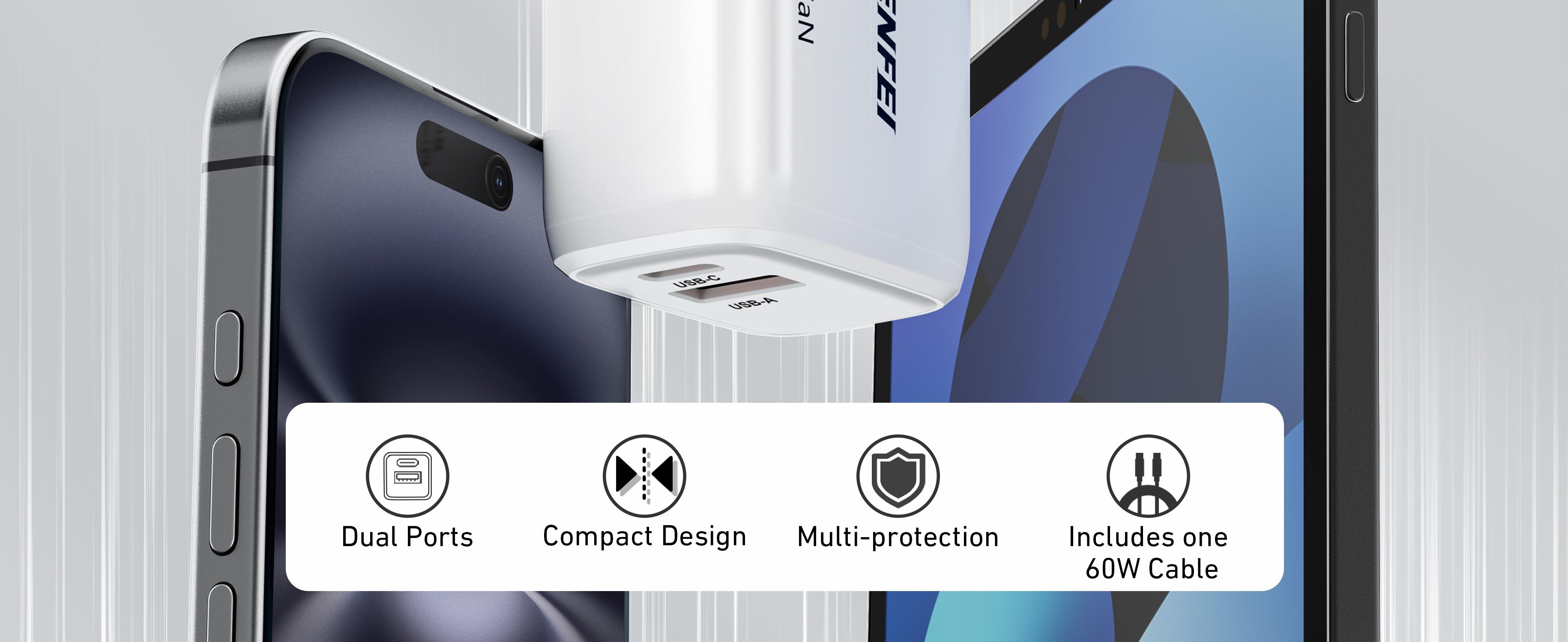 BENFEI USB C Charger, 20W GaN Wall Charger Compatible with iPhone 16/16 Pro/Pro Max/iPad Pro with 60W 3ft USB-C Cable