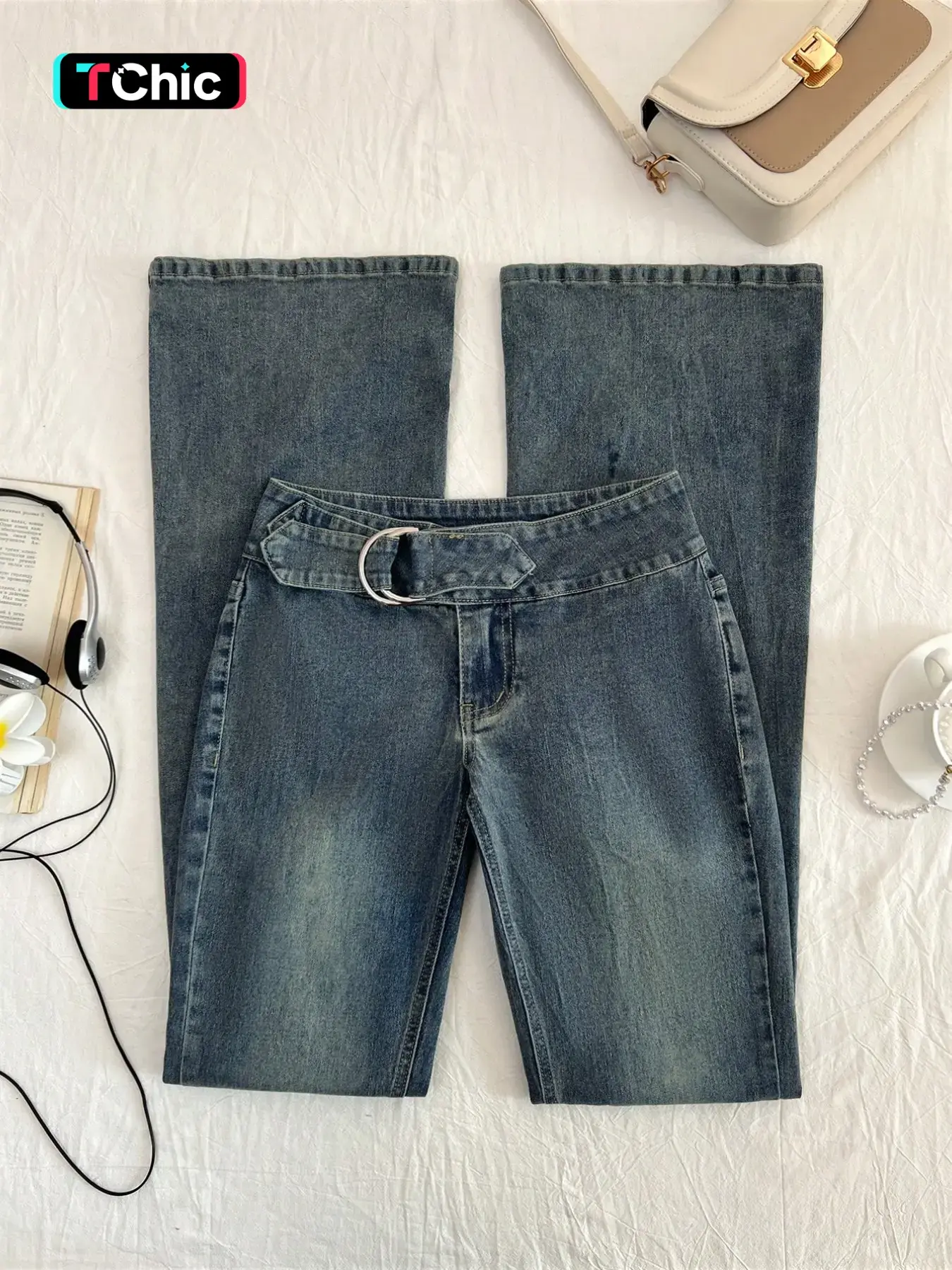 Women Y2K Vintage Low‑Waist Flare Denim Jeans Ring Buckle Decor Washed Blue Slim Bell Bottom Pants Retro 90s Street Fashion Trousers