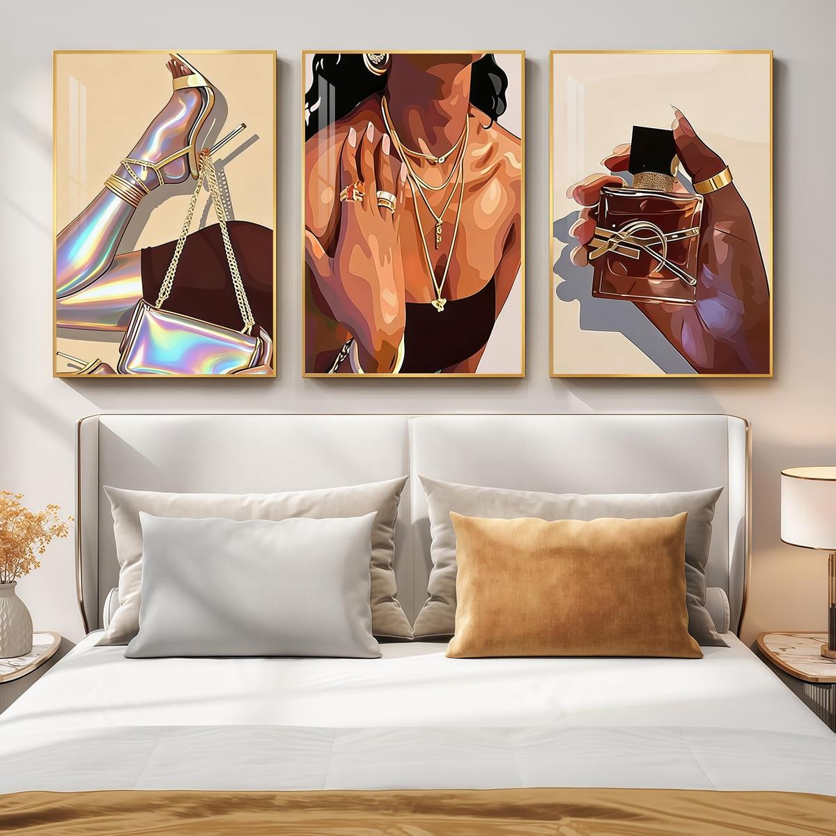 3 Counts Aluminum Alloy Framed Painting, Fashion Woman With Gold Jewelry And Perfume Art Pictures, Home Decoration For Living Room, Bedroom, Office, Restaurant, Hallway Wall Decor, Odorless Print Artwork, Luxury Perfect Gift For Friends And Family