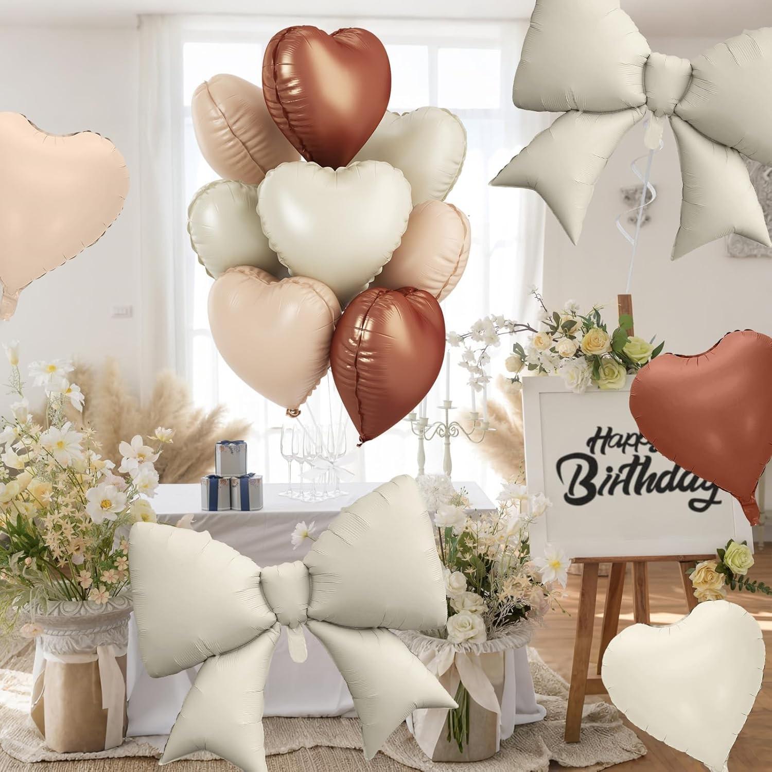 Brown cream heart-shaped balloons, foil bow balloons, 10 18 inch heart-shaped balloons and 2 38 inch bow balloons (with 2 accessories), used for birthday baby shower, Valentine's Day wedding party decoration
