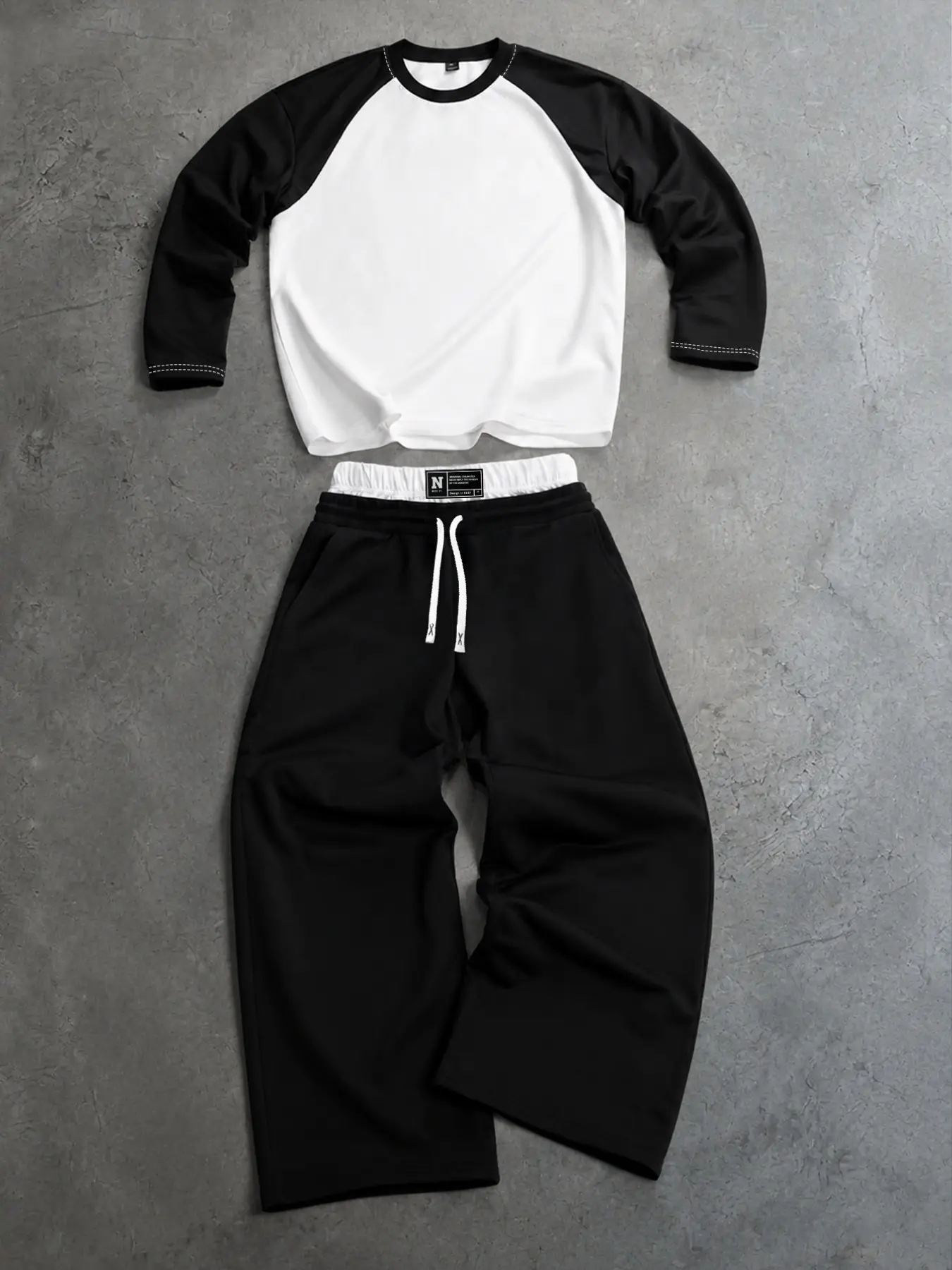 90s Minimal Sportswear 2 Piece Set Black White Raglan Sleeve Long Sleeve Top Black Wide Leg Sweatpants Unisex No Print Design Elastic Waist White Drawstring Loose Casual Outfit For Urban Daily OOTD Lazy Matching Home Outdoor Streetwear