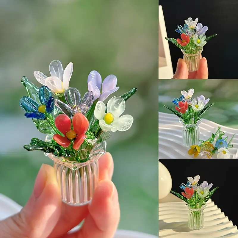 1 set (6 flowers+3 leaves+1 vase) cute glass simulation flower decoration ornaments, handcrafted mini glass flowers, DIY flower arrangement bouquets, suitable for giving gifts to loved ones, event decorations, holiday gifts, Christmas holiday decorations