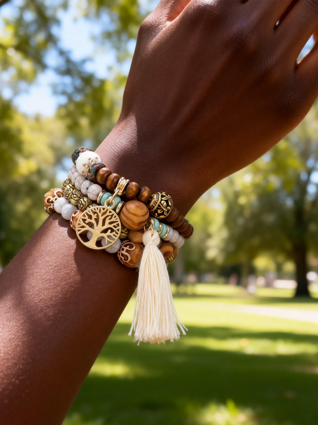 Boho Tree of Life Beaded Bangles Bracelets Set for Women - Multilayer Stackable Bohemian Jewelry with Tassel, Perfect for Black Girl Style & Festival Fashion
