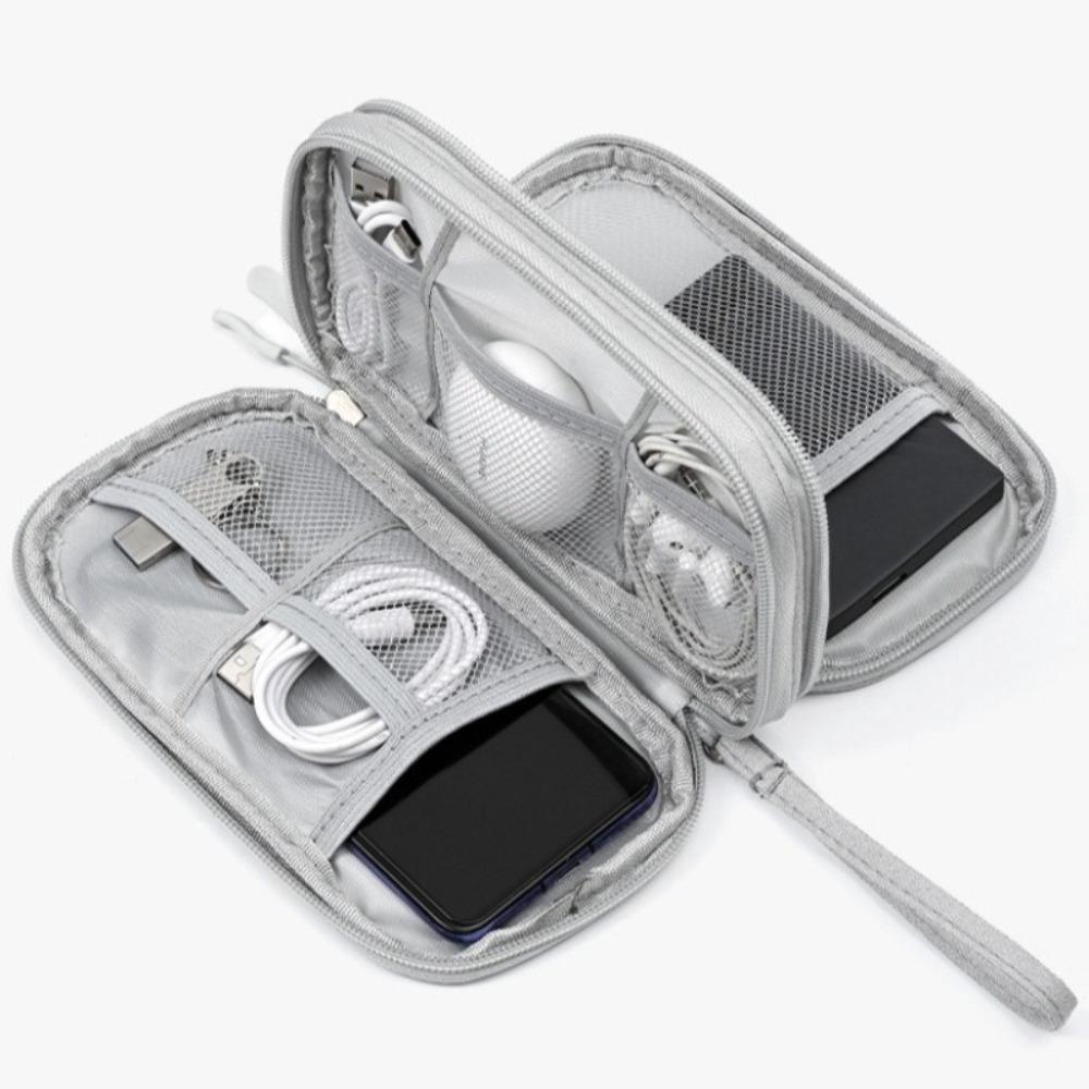 Portable data cable storage bag, double-layer mobile phone charger storage bag, multi-layer grid digital accessory storage bag, compact and convenient travel data cable storage bag