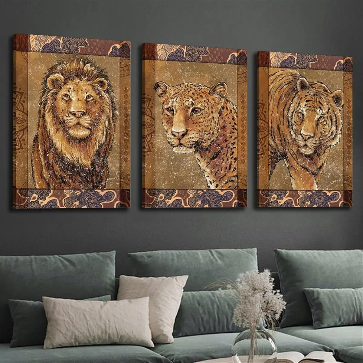 2D flat,Triptych African Safari Park Large Feline Animal Canvas Wall Art, Lion, Leopard, Tiger Earth-Toned Decorative Painting, Suitable for Living Room and Bedroom