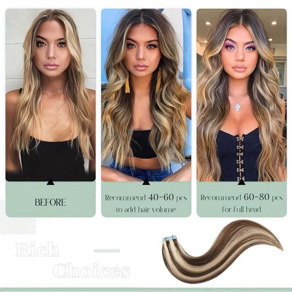 Women's Real Human Hair Tape-In Extensions, 1-4 Packs Long Strands 18-26 Inch Soft Straight Seamless Dark Brown to Blonde Highlights, Smooth Texture Easy Apply for 2 Glam Hairstyle Upgrades