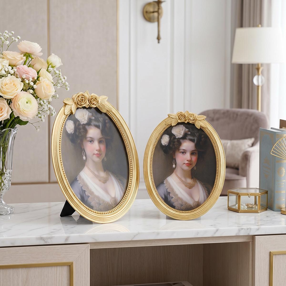 European Vintage Rose Carving Oval Photo Frame, Resin Material Hand-Painted, Home Decor for Bedroom, Living Room, Office