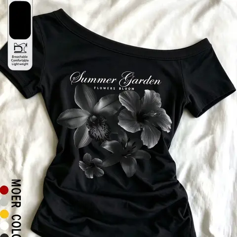 Women's One-Shoulder Floral Print T-Shirt, Summer Garden Short Sleeve Cotton Top, Chic Retro Style, Unlined
