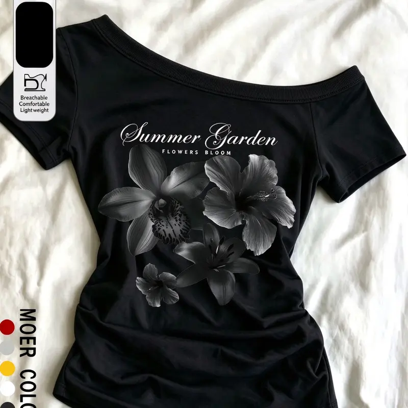 Women's One-Shoulder Floral Print T-Shirt, Summer Garden Short Sleeve Cotton Top, Chic Retro Style, Unlined