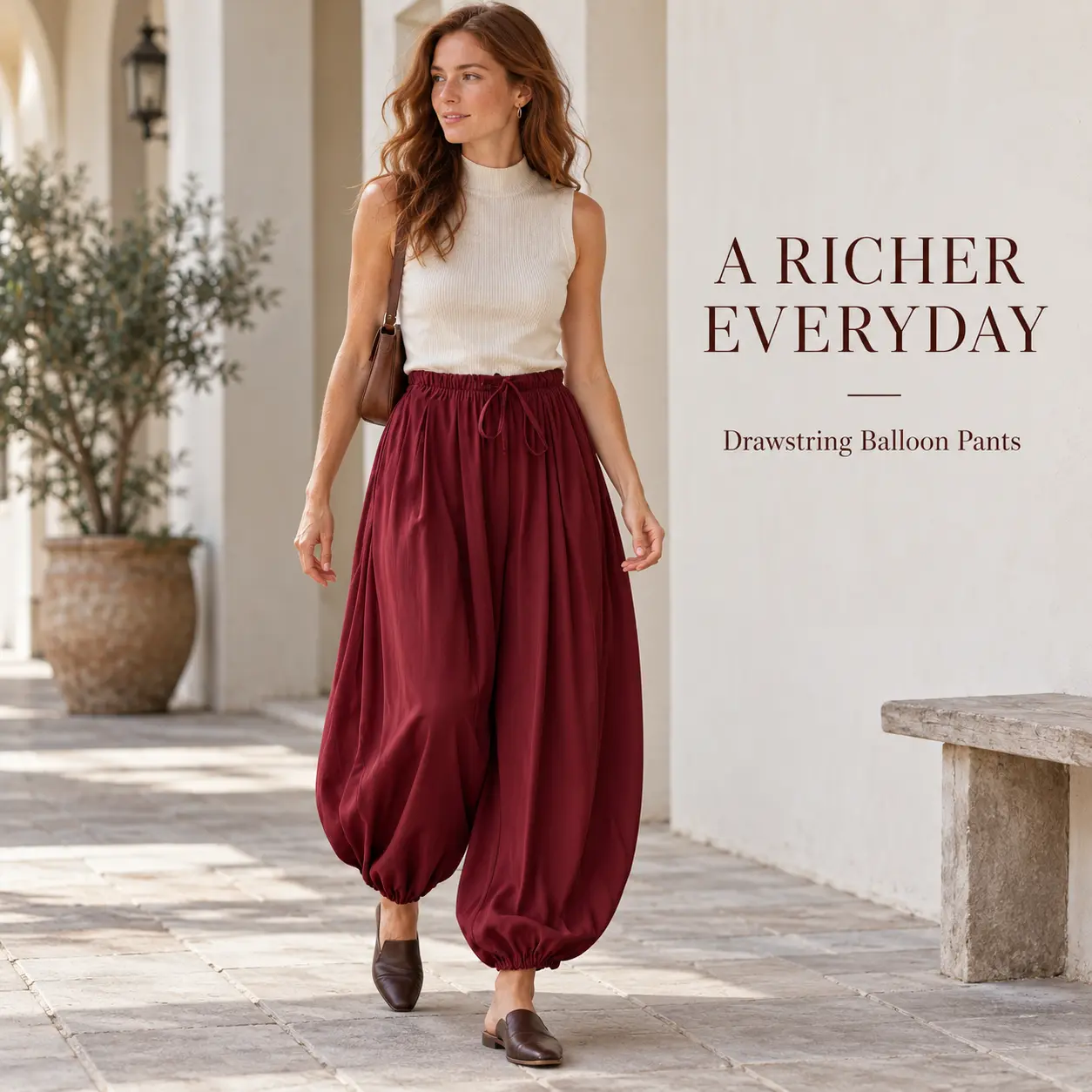 Women's High-Rise Drawstring Balloon Harem Pants - Polyester Blend, Slight Stretch, Flowing Legs, Gathered Ankle Hems, Solid-Color Loose-Fit Casual Trousers for Weekend, Vacation Wear