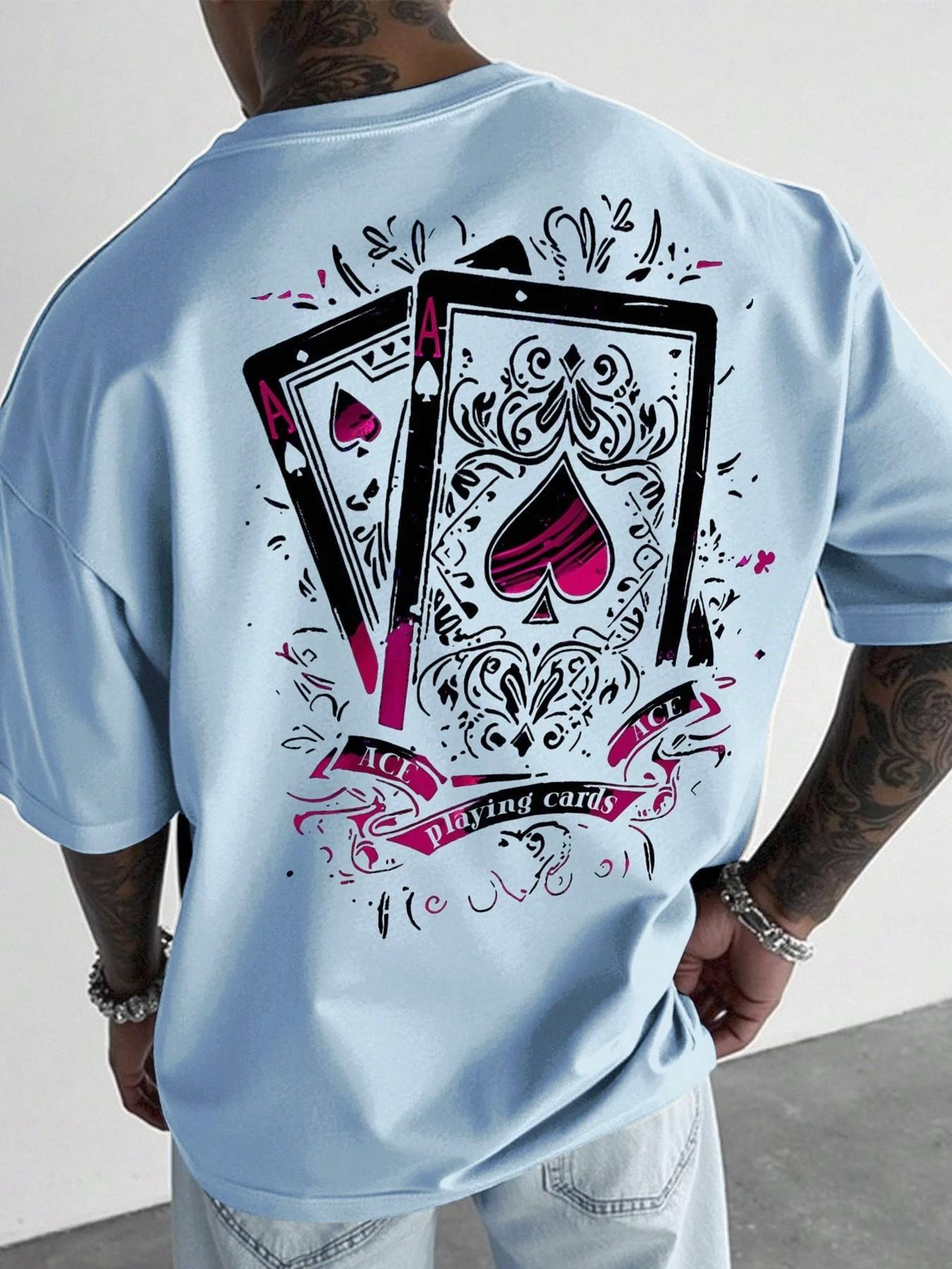 Men's Casual Short-Sleeve T-Shirt, Long Vintage Street Style Ace of Spades Playing Card Print, Loose and Versatile Top, Suitable for Hip-Hop Fashion, Streetwear and Daily Wear