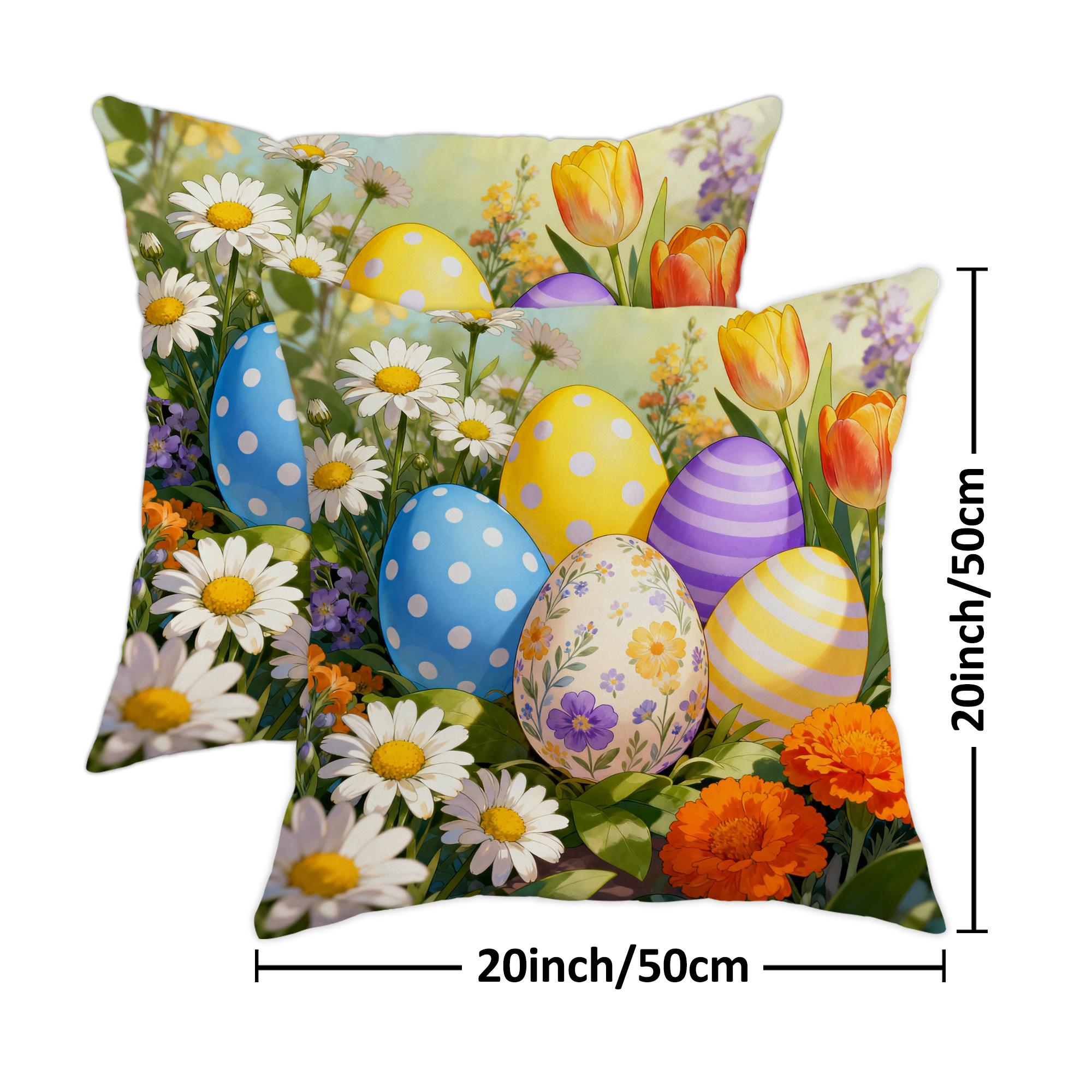 Jit 2pcs 2D Flat Easter Eggs Throw Pillow Covers, Spring Festive Daisies Tulips Design, Soft Velvet Material, Washable Cushion Cover